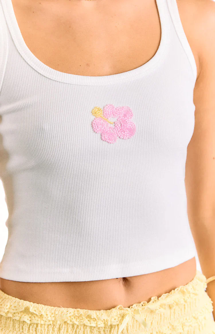 Carlie White Beaded Hibiscus Ribbed Tank Top