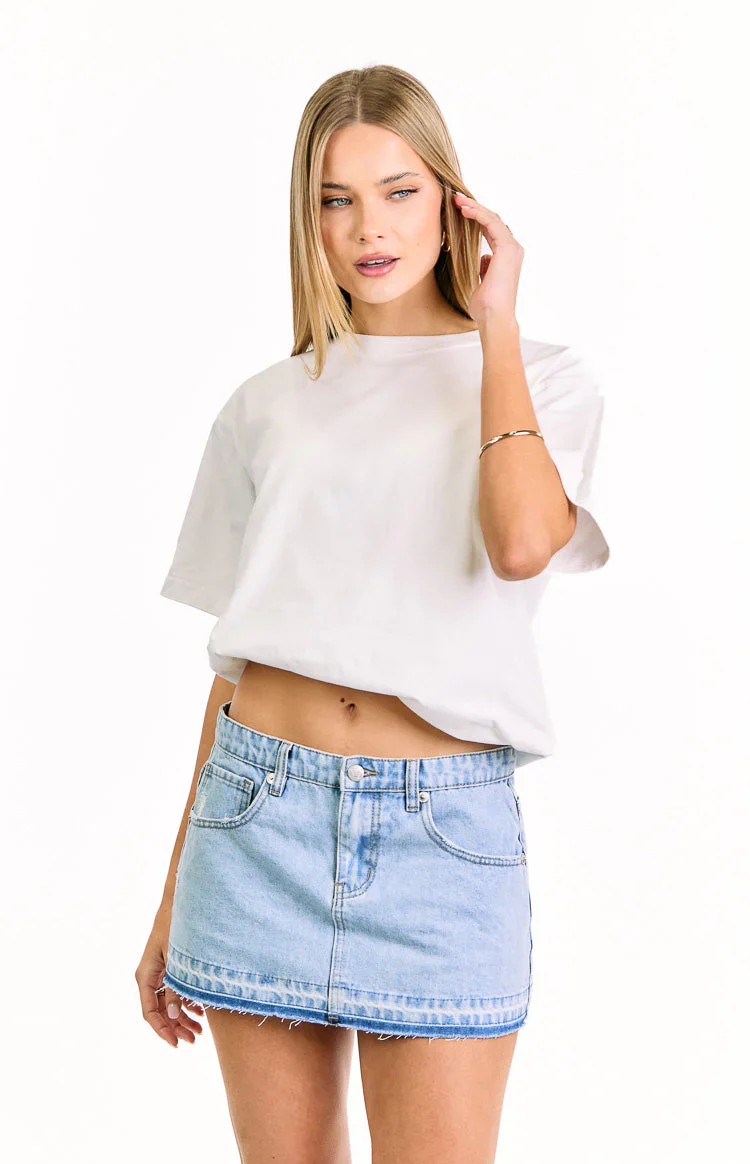 Emmy Light Wash Denim Distressed Mini Skirt