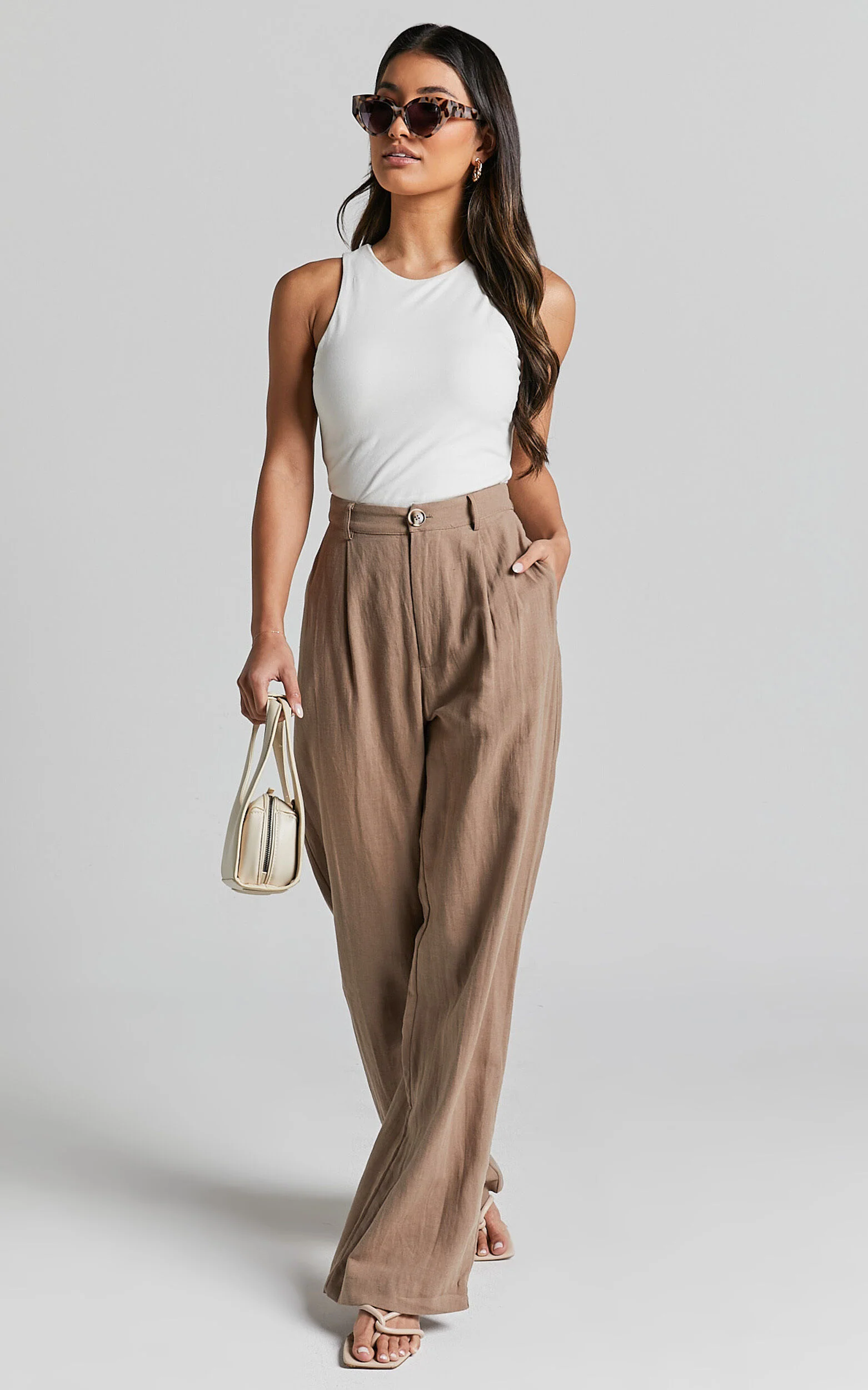 Larissa Trousers - Linen Mid Waisted Relaxed Straight Leg Trousers in Mushroom