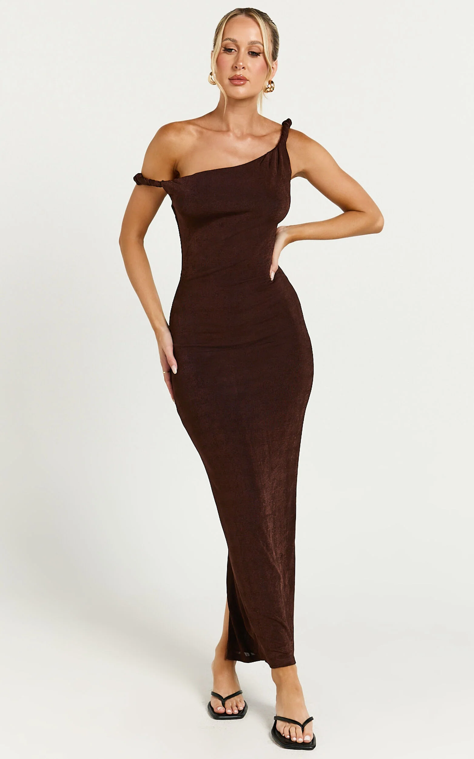 Isabel Midi Dress - Twist Off Shoulder Bodycon Dress in Chocolate
