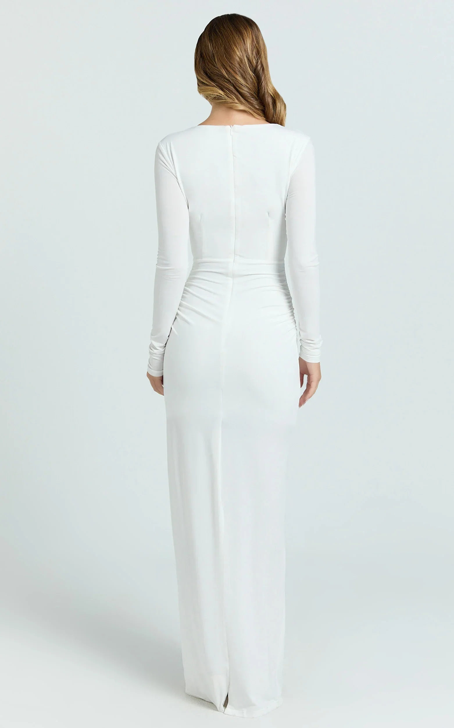 Dakota Maxi Dress - Long Sleeve V Neck Bodycon Dress in Cream