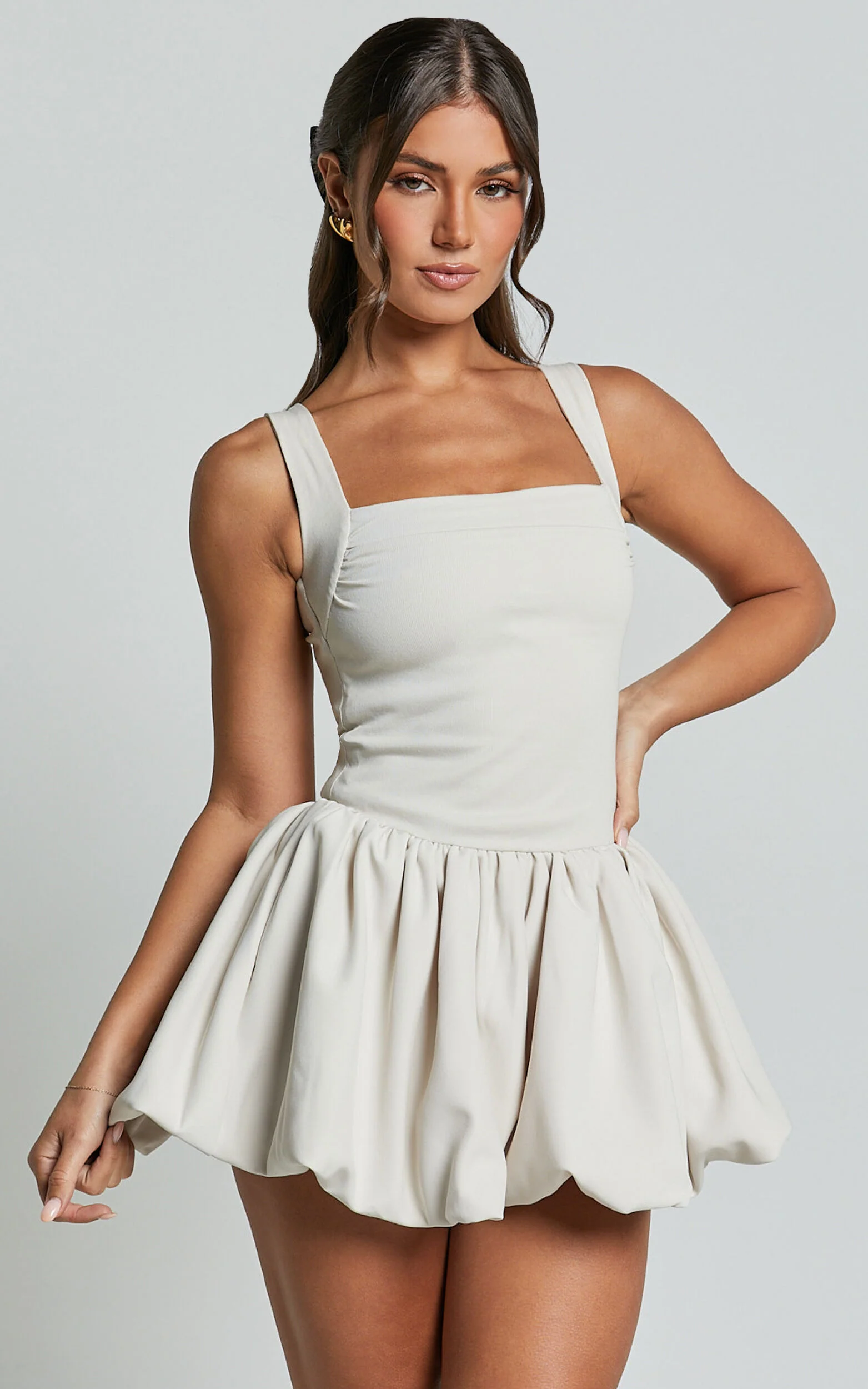 Bridgette Mini Dress - Straight Neck Sleeveless Bubble Hem Dress in Cream