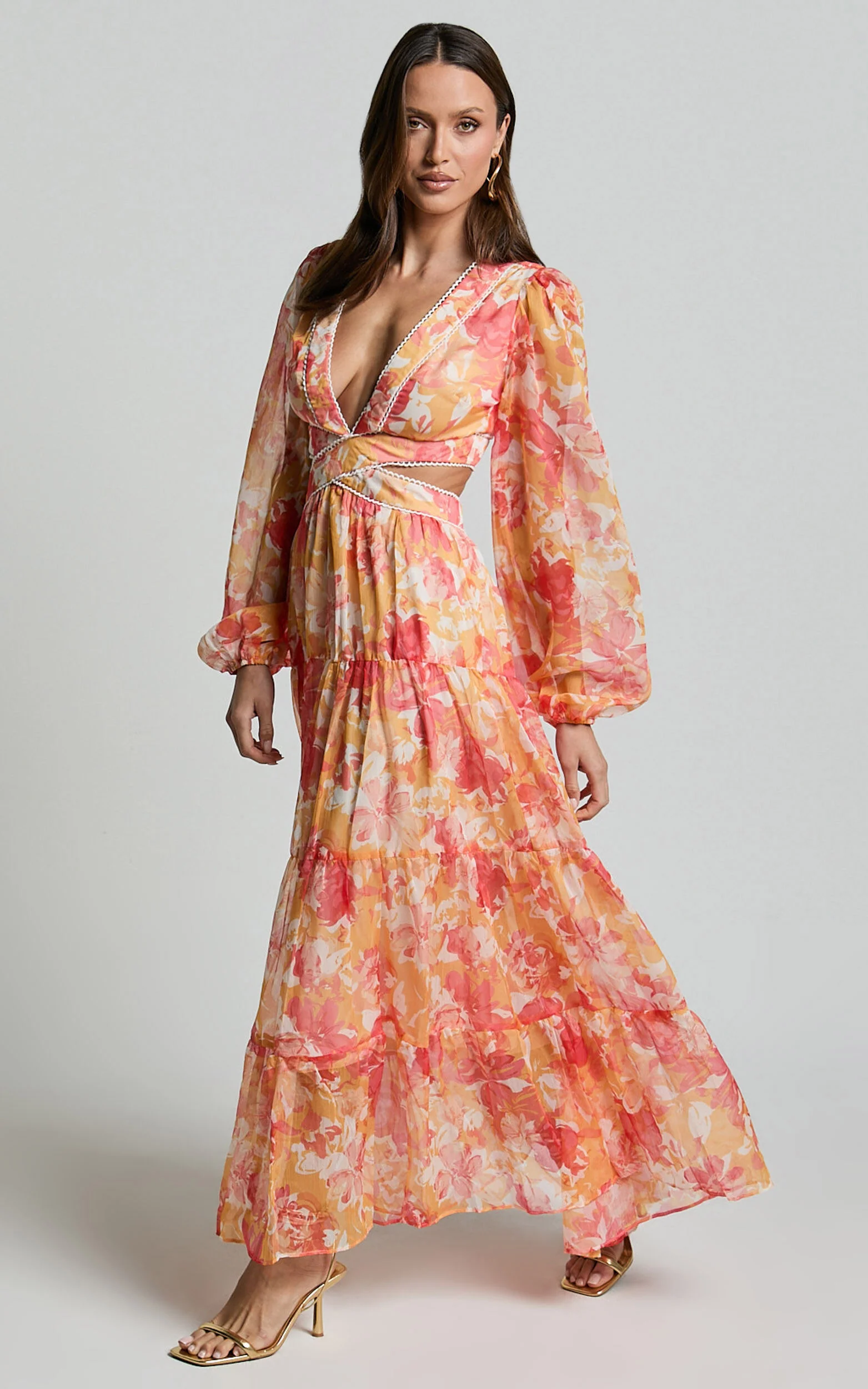 Anthea Midi Dress - V Neck Cut Out Tiered Dress in Yellow Print