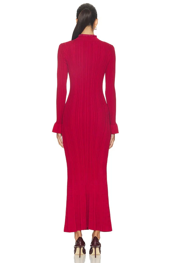 Red Pearl Trim Knit Midi Dress