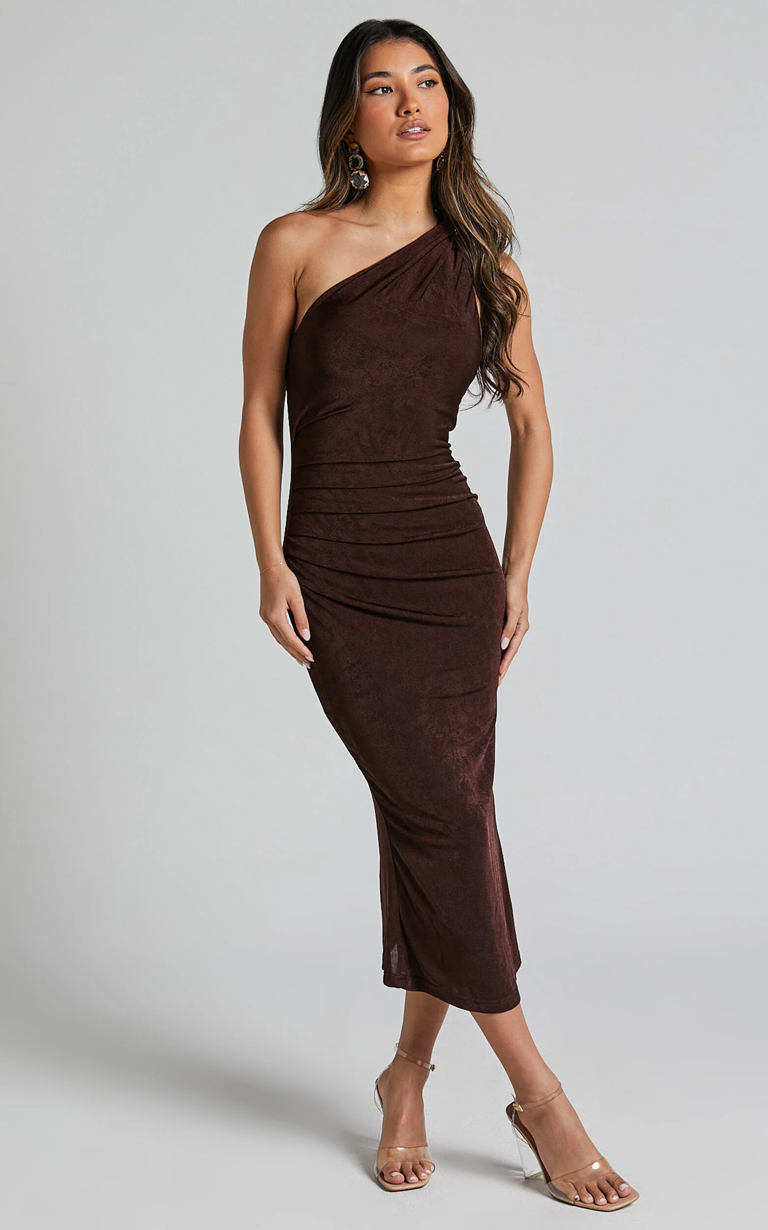 Arietty Midi Dress - One Shoulder Asymmetrical Ruched Dress in Chocolate