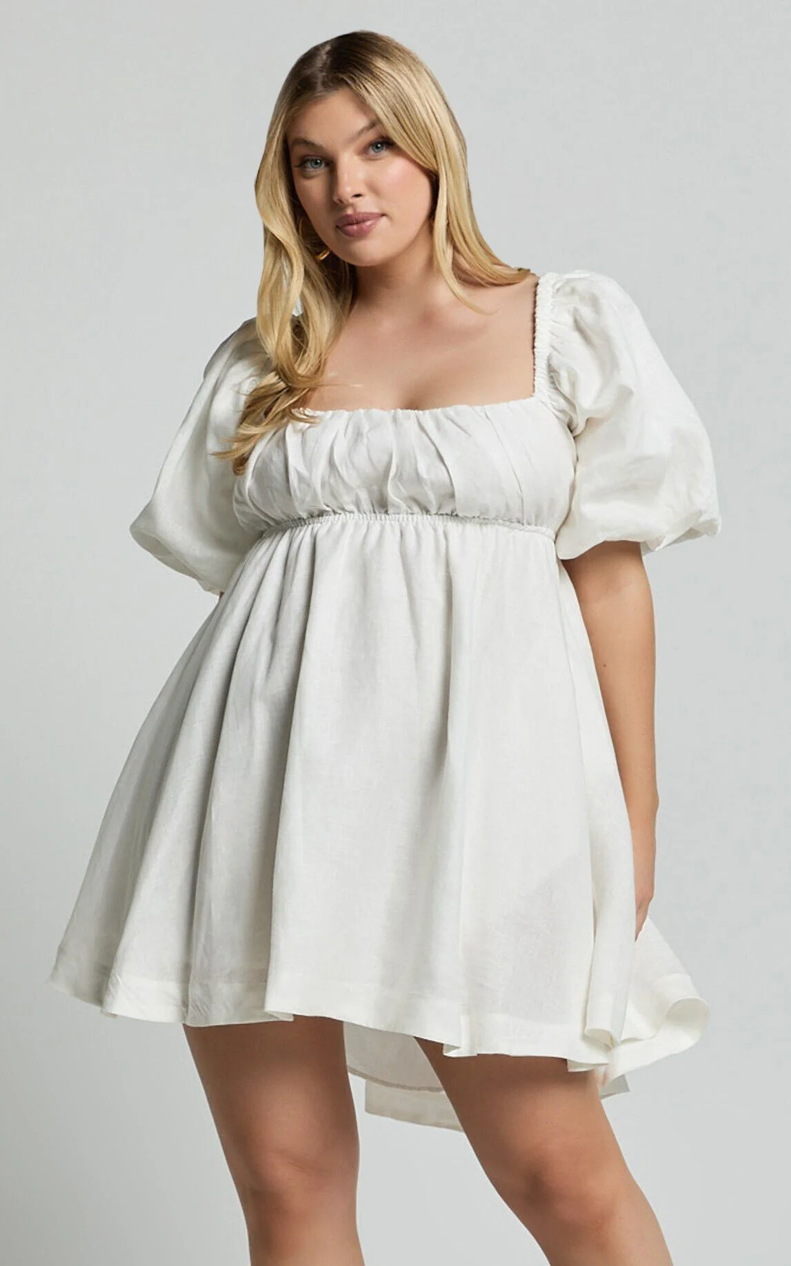 Amalie The Label - Hamyya Linen Tie Back Puff Sleeve Mini Linen Dress in White