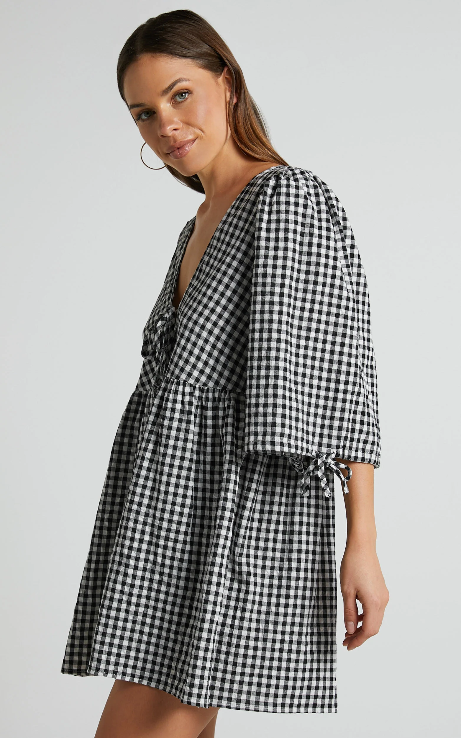 Rosita Mini Dress - Tie Front Puff Sleeve Dress in Black and White Check