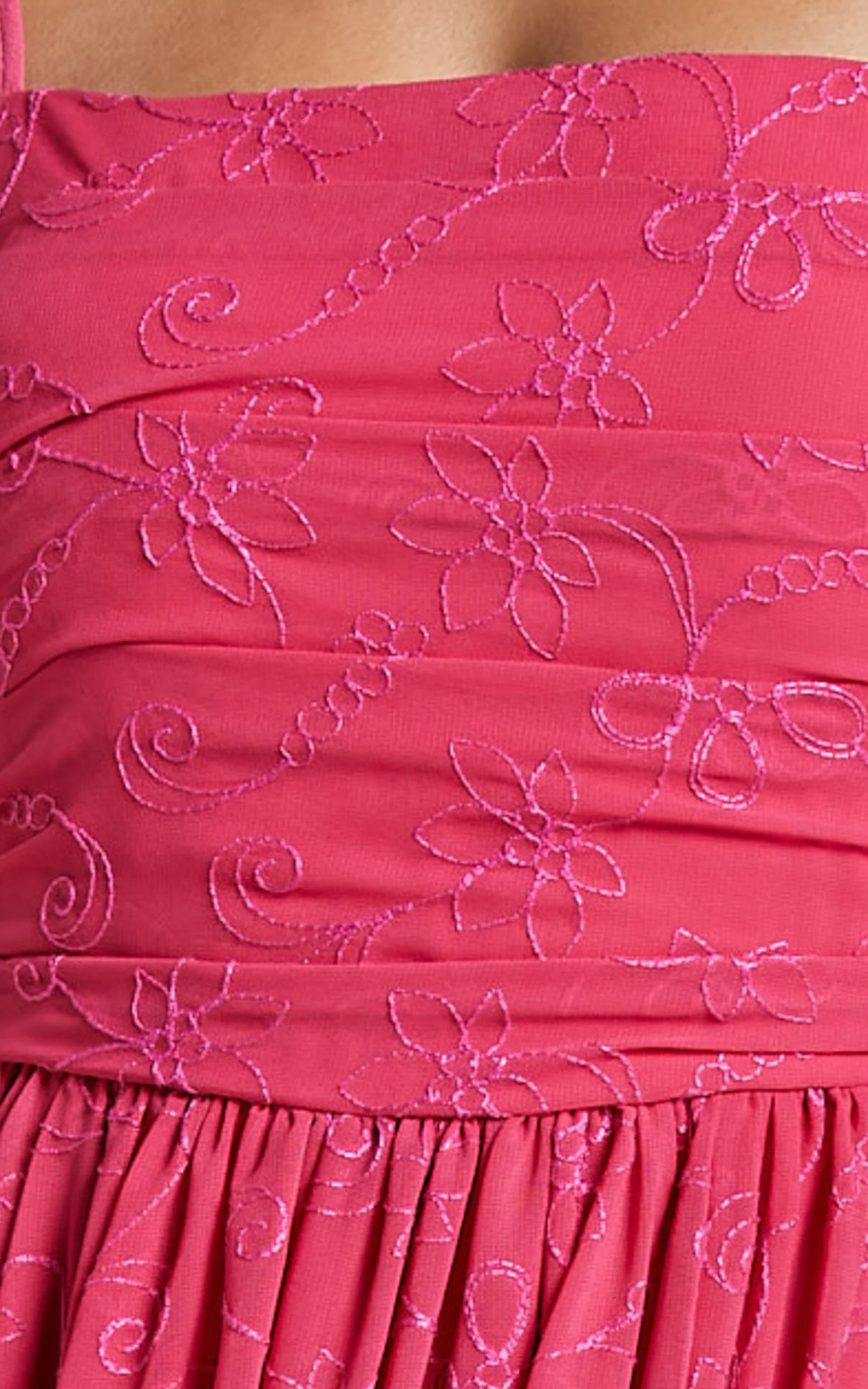 Adina Midi Dress - Embroidered Strappy Straight Neck Ruched Bodice Dress in Pink