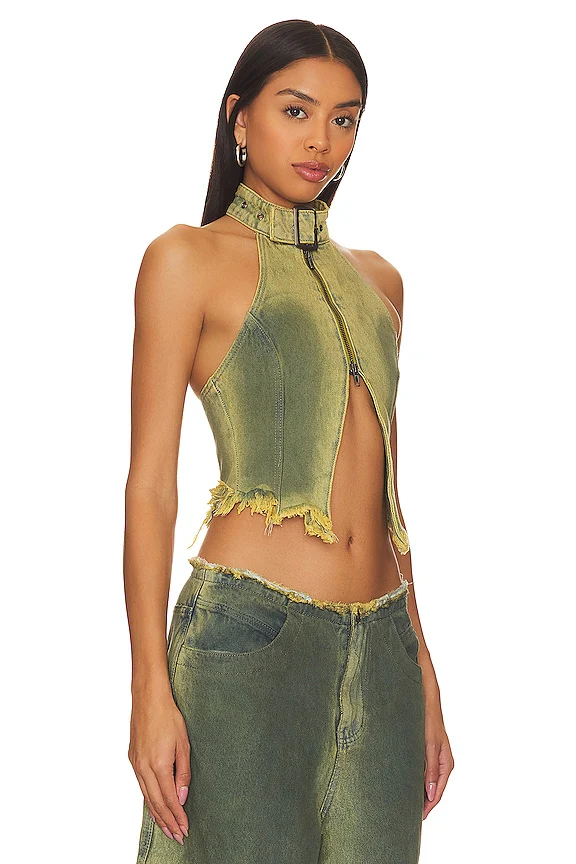 Green Denim Buckle Neck Top
