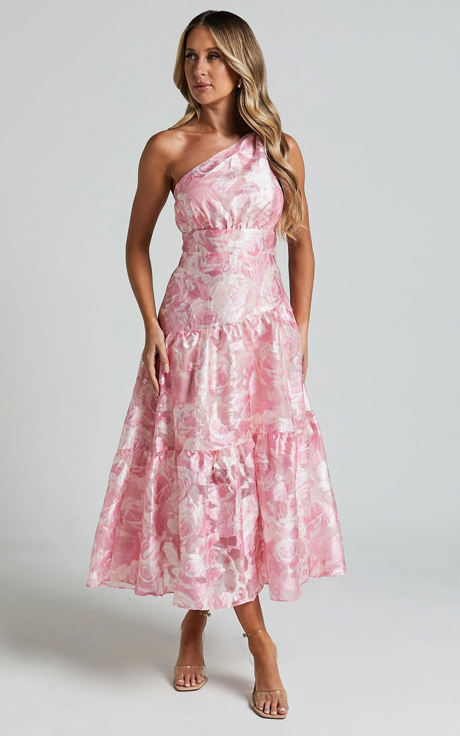 Lettie Midi Dress - One Shoulder Tiered Dress in Blurred Rose