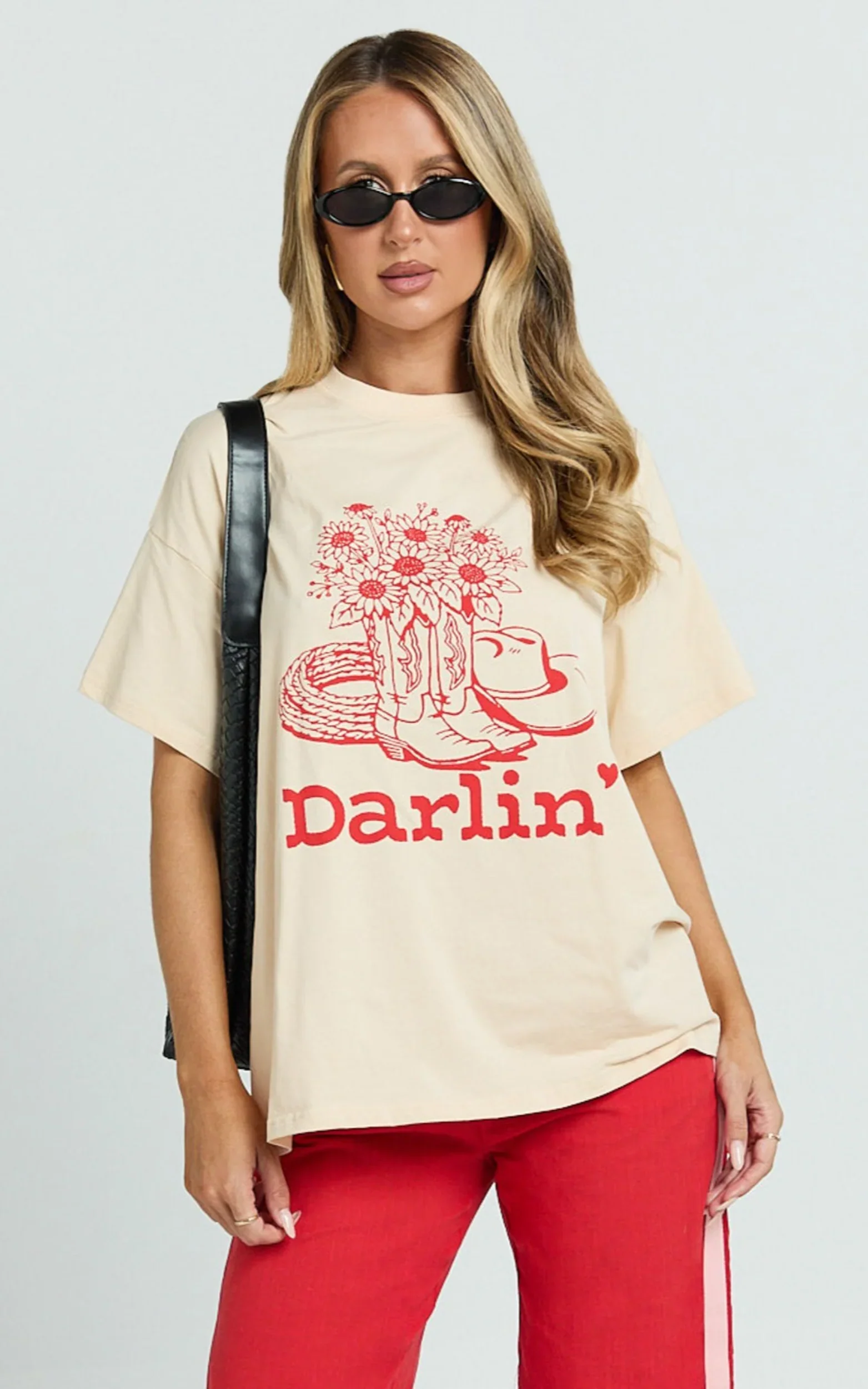 Alena Top - Oversized Darlin Print Tee in Beige