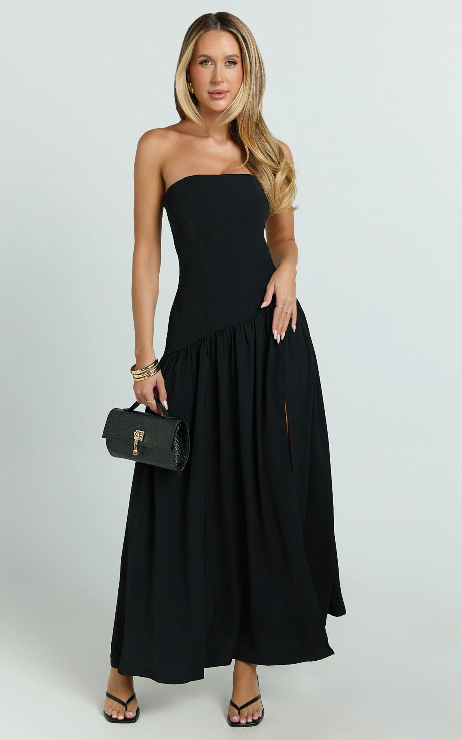 Nadiane Maxi Dress - Strapless Asymmetric Drop Waist Dress in Black