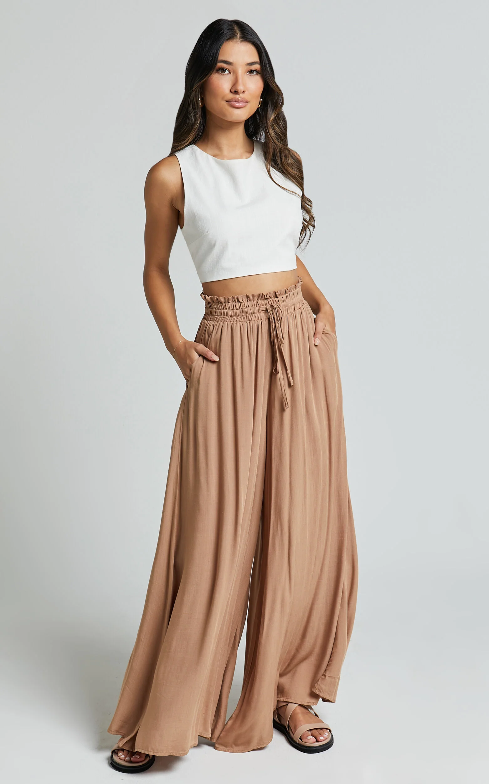 Hany Pants - High Waist Drawstring Wide Leg Pants in Latte