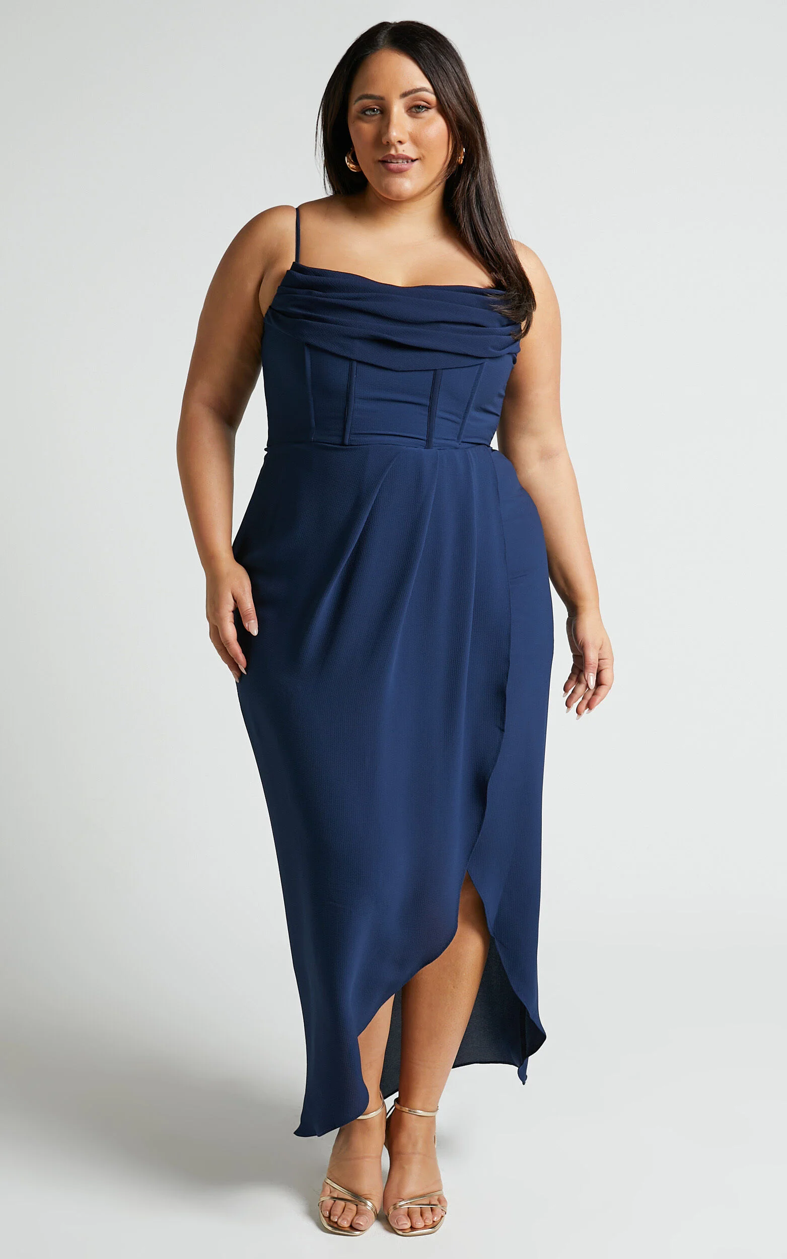 Andrina Midi Dress - High Low Wrap Corset Dress in Navy