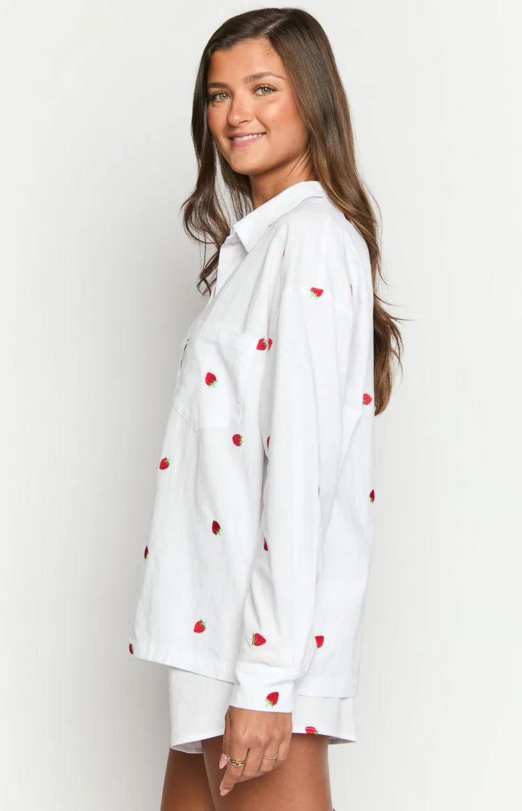 Margarita White Strawberry Embroidered Long Sleeve Shirt