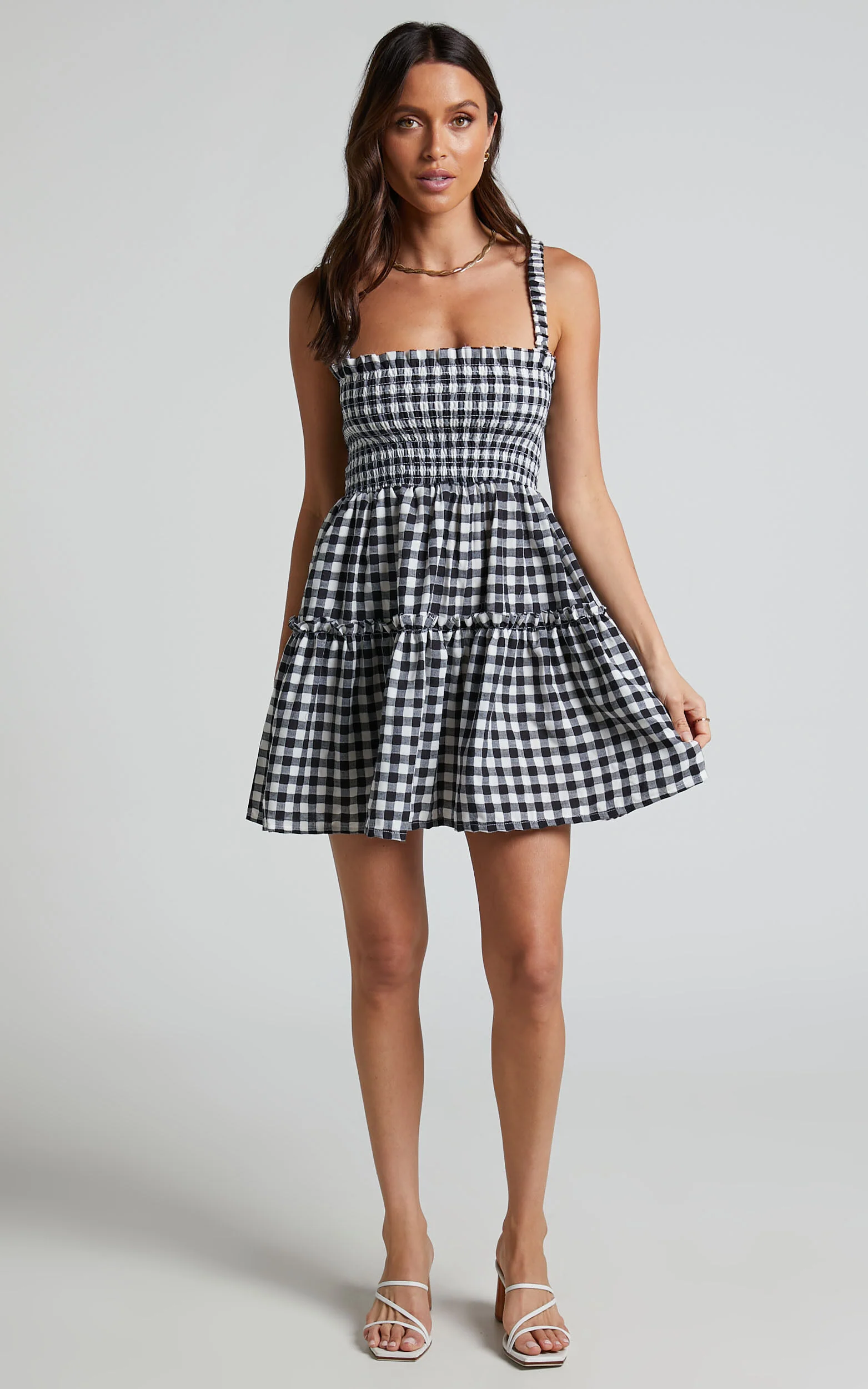 Wilda Mini Dress - Shirred Tiered Dress in Black and White Check