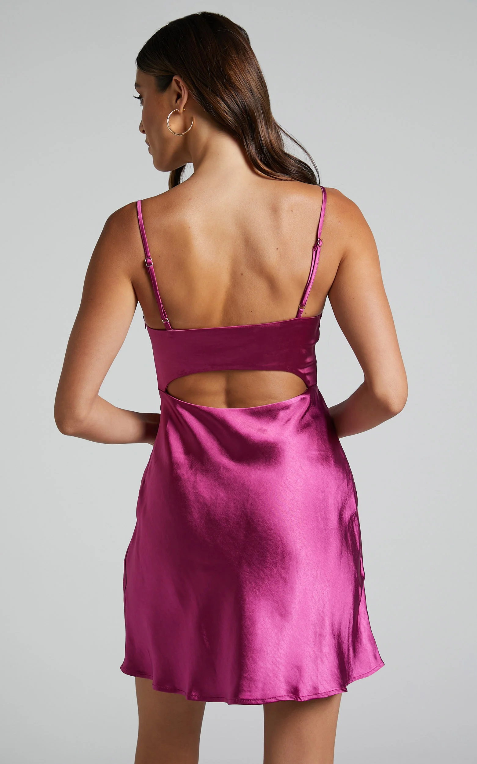 Mikaila Mini Dress - Cut Out Back Satin Slip Dress in Plum