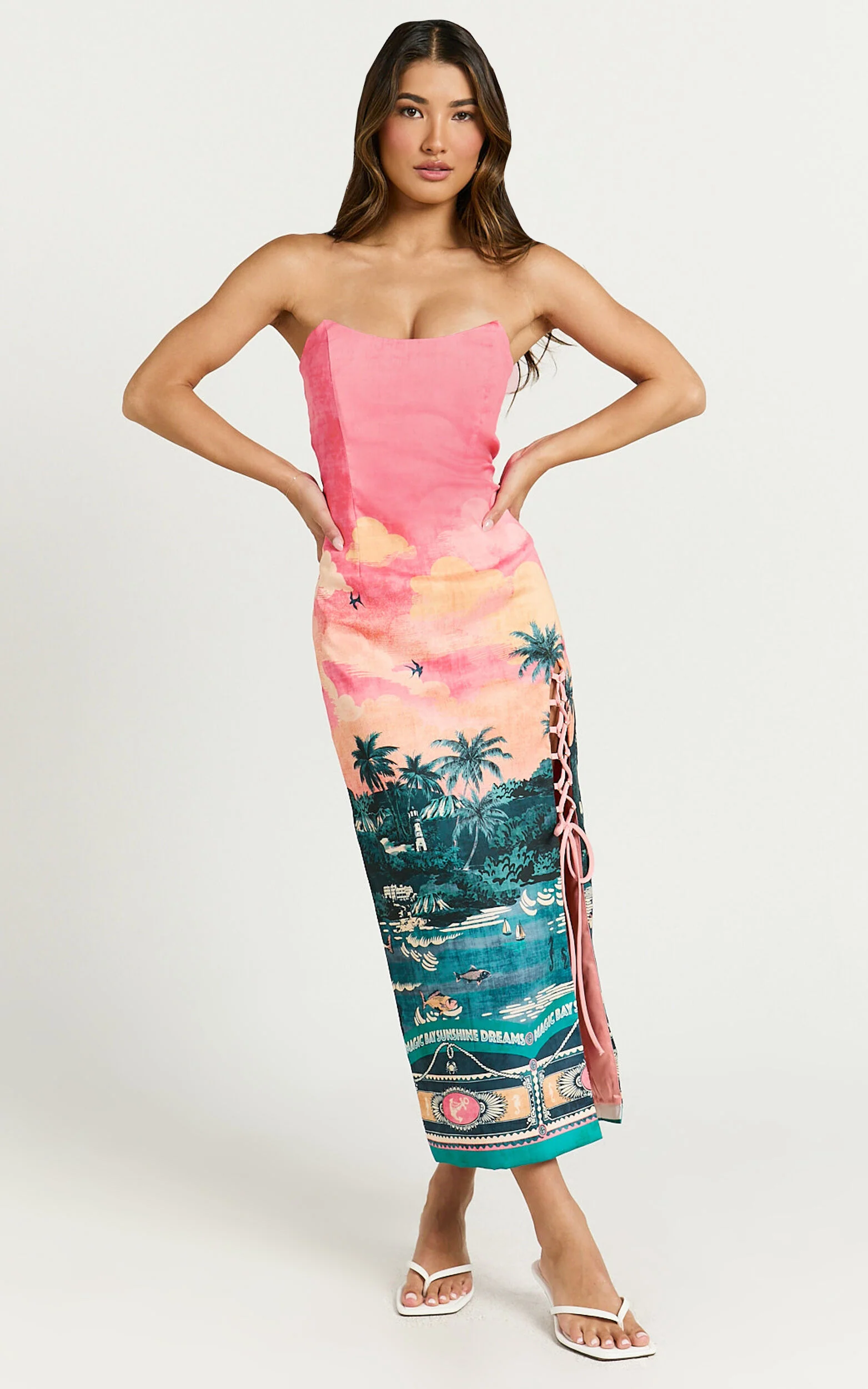 Amalie The Label - Leesha Strapless Fitted Split Leg Midi Dress in Island Sunset Print