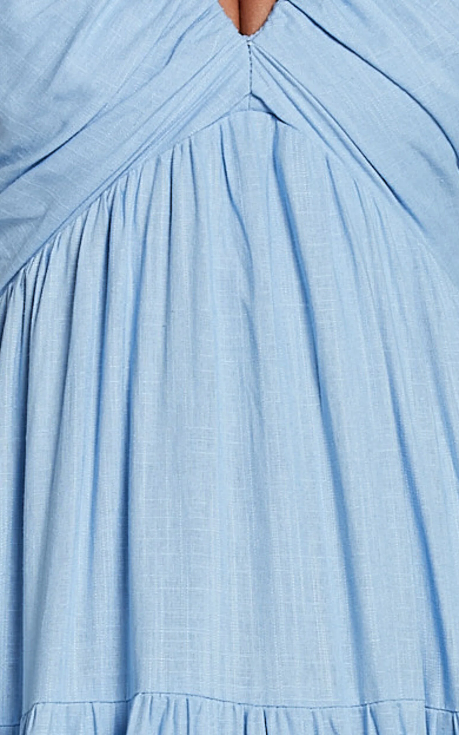 Nicollee Midi Linen Dress - Plunge Neck Sleeveless Tiered Dress in Blue