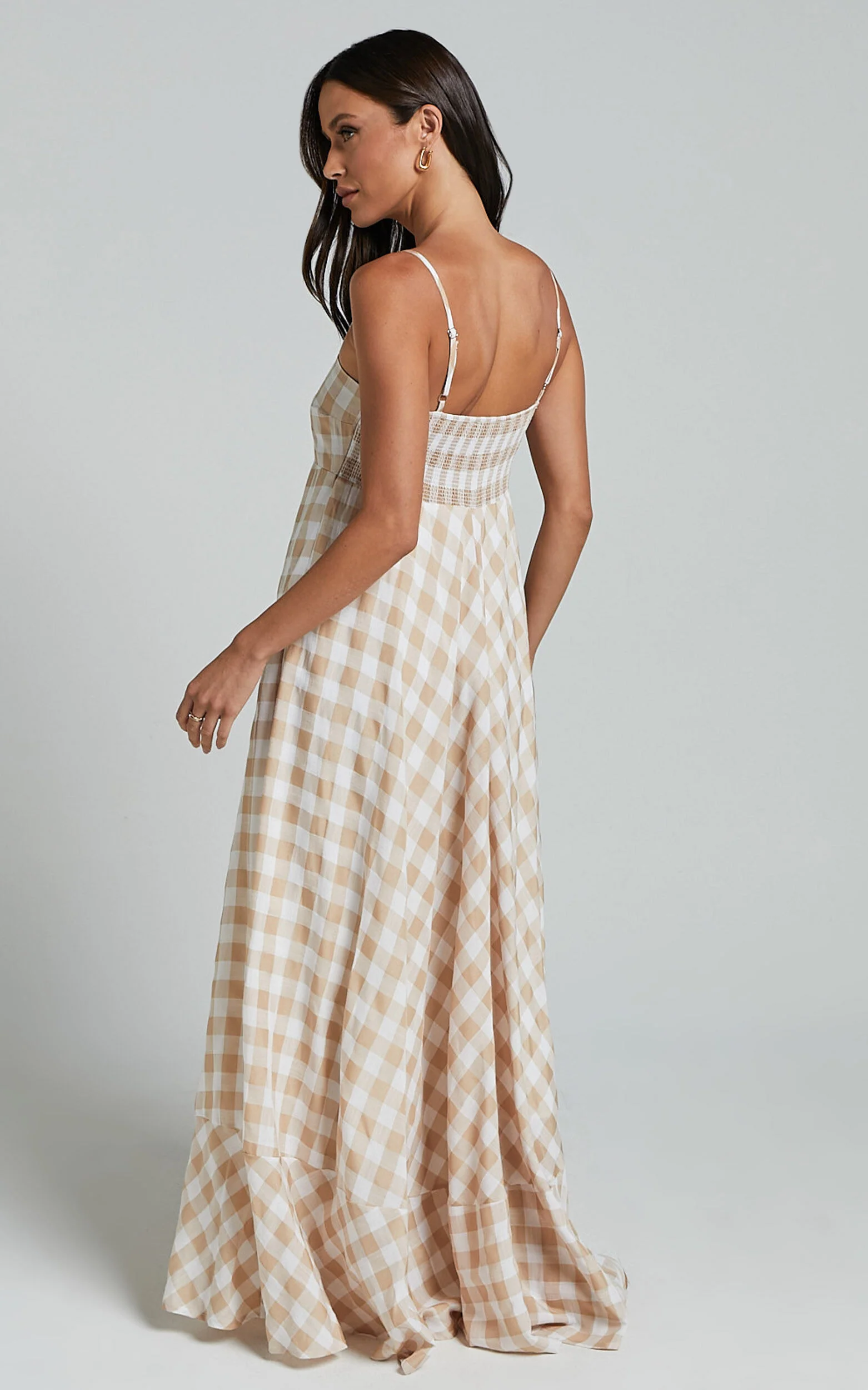 Katrien Maxi Dress - Strappy Empire Waist Flare Dress in Beige and White Check