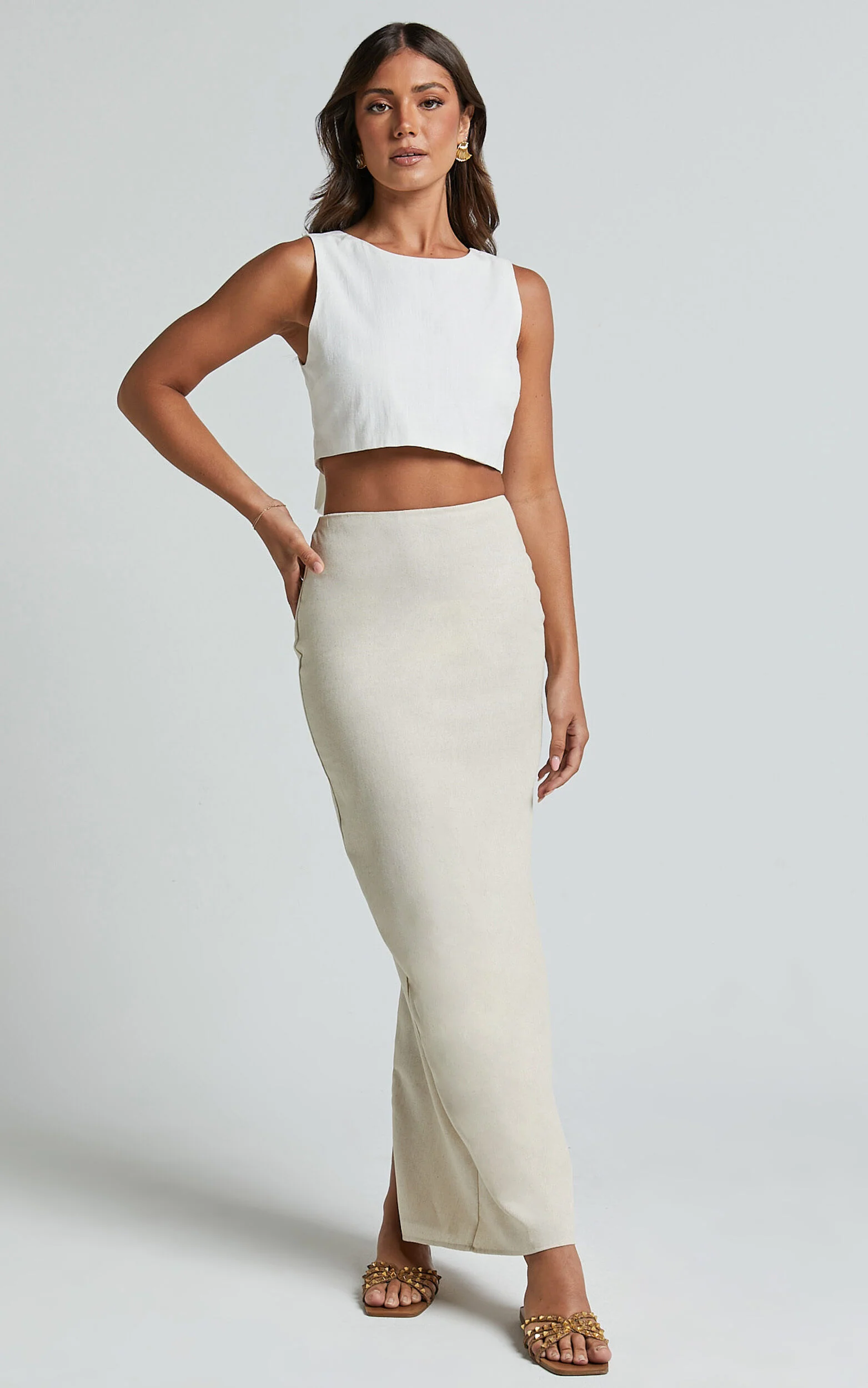 Vance Maxi Skirt - Linen Back Split Skirt in Oat