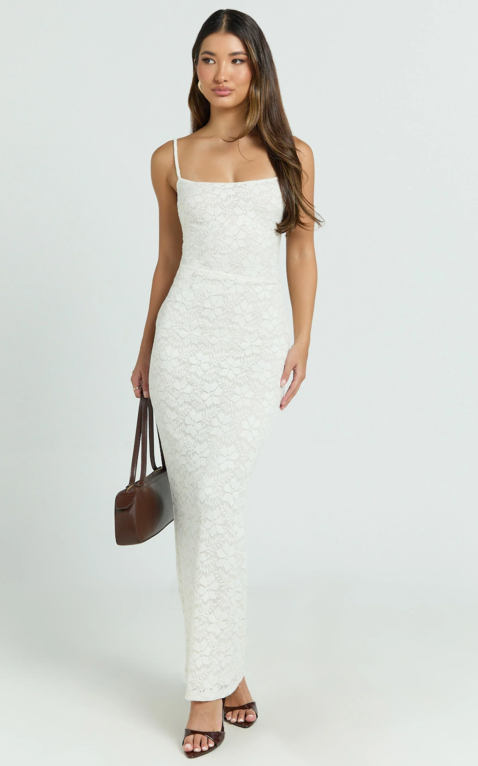 Carly Maxi Dress - Stretch Lace Scoop Neck Dress in Off White