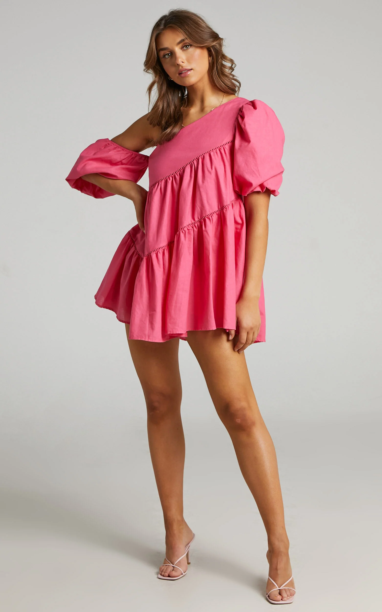 Harleen Mini Dress - Linen Asymmetrical Trim Puff Sleeve Dress in Pink