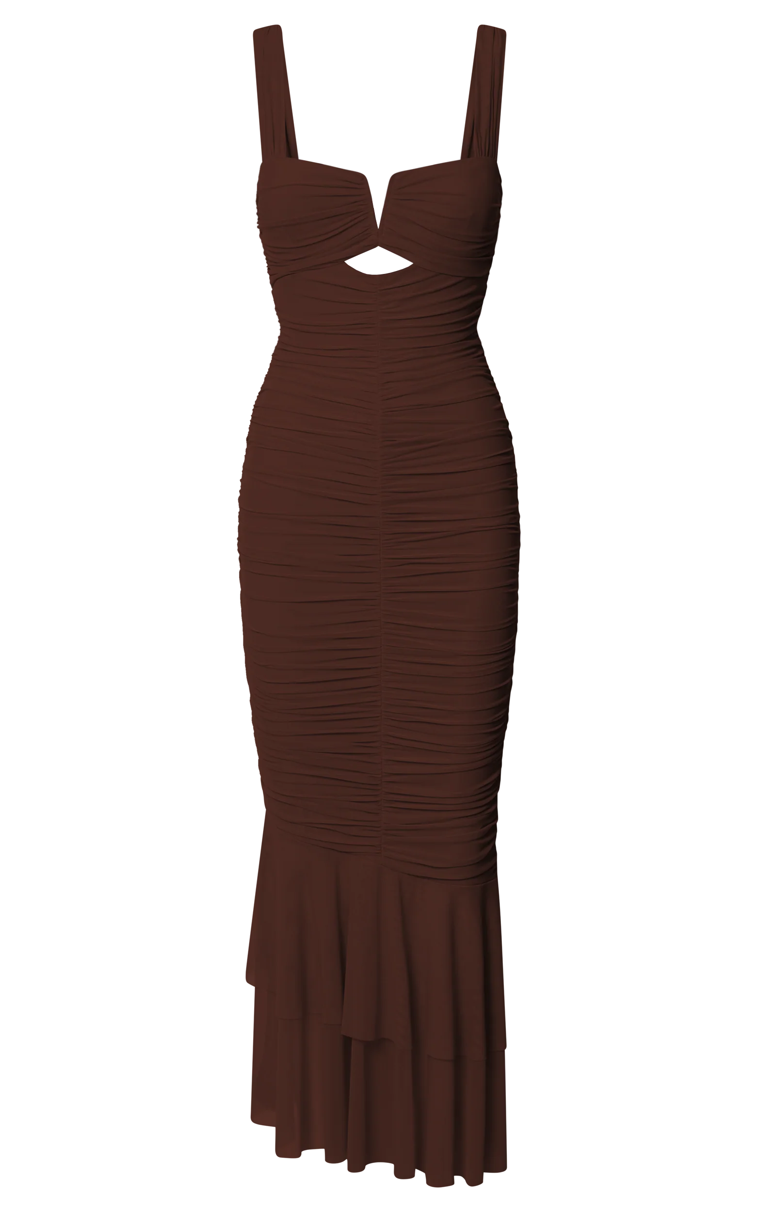 Kody Midi Dress - Bodycon Ruched Mesh Cut Out Dress in Chocolate