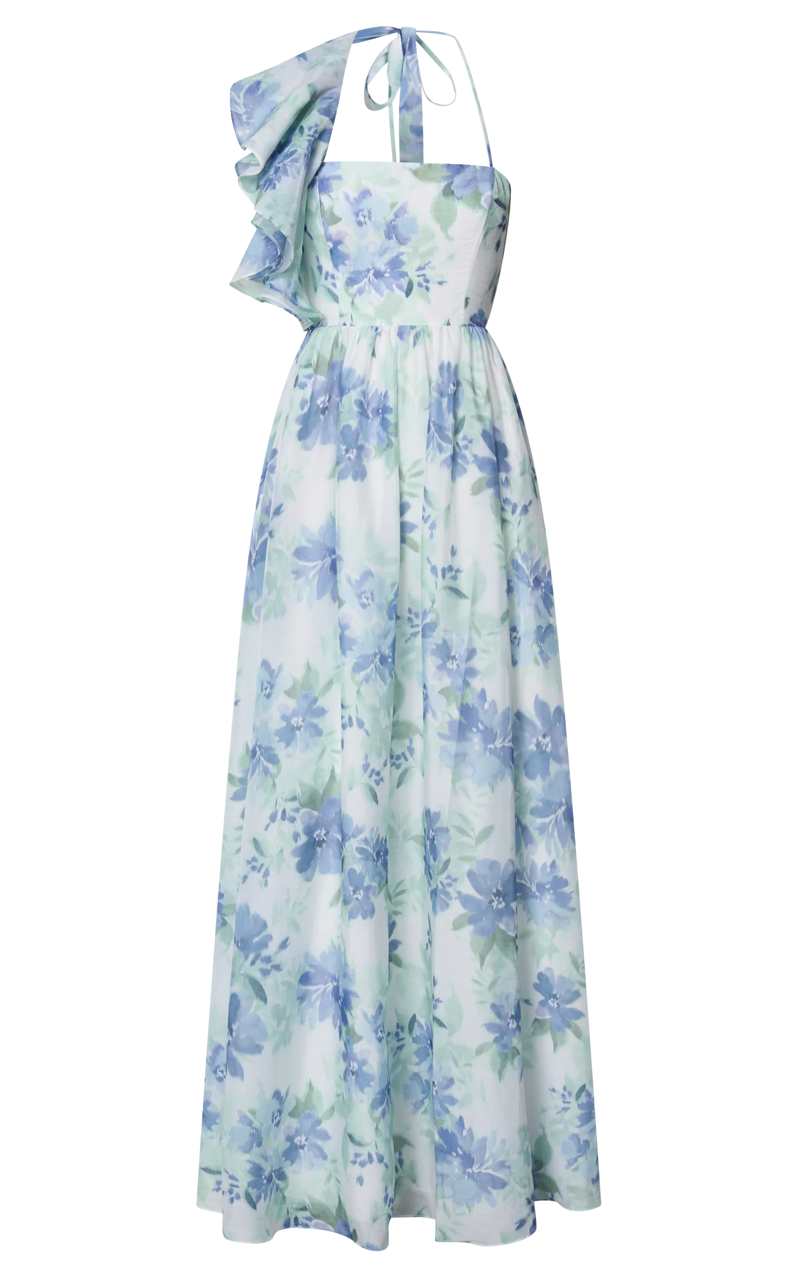 Amalie The Label - Fleur Halter Ruffle Detail A Line Maxi Dress in Elysian Print