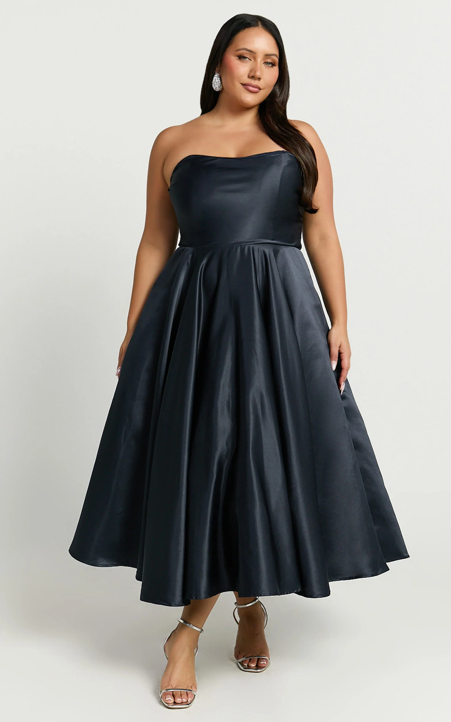 Helaina Midi Dress - Strapless A-Line Satin Dress in Navy