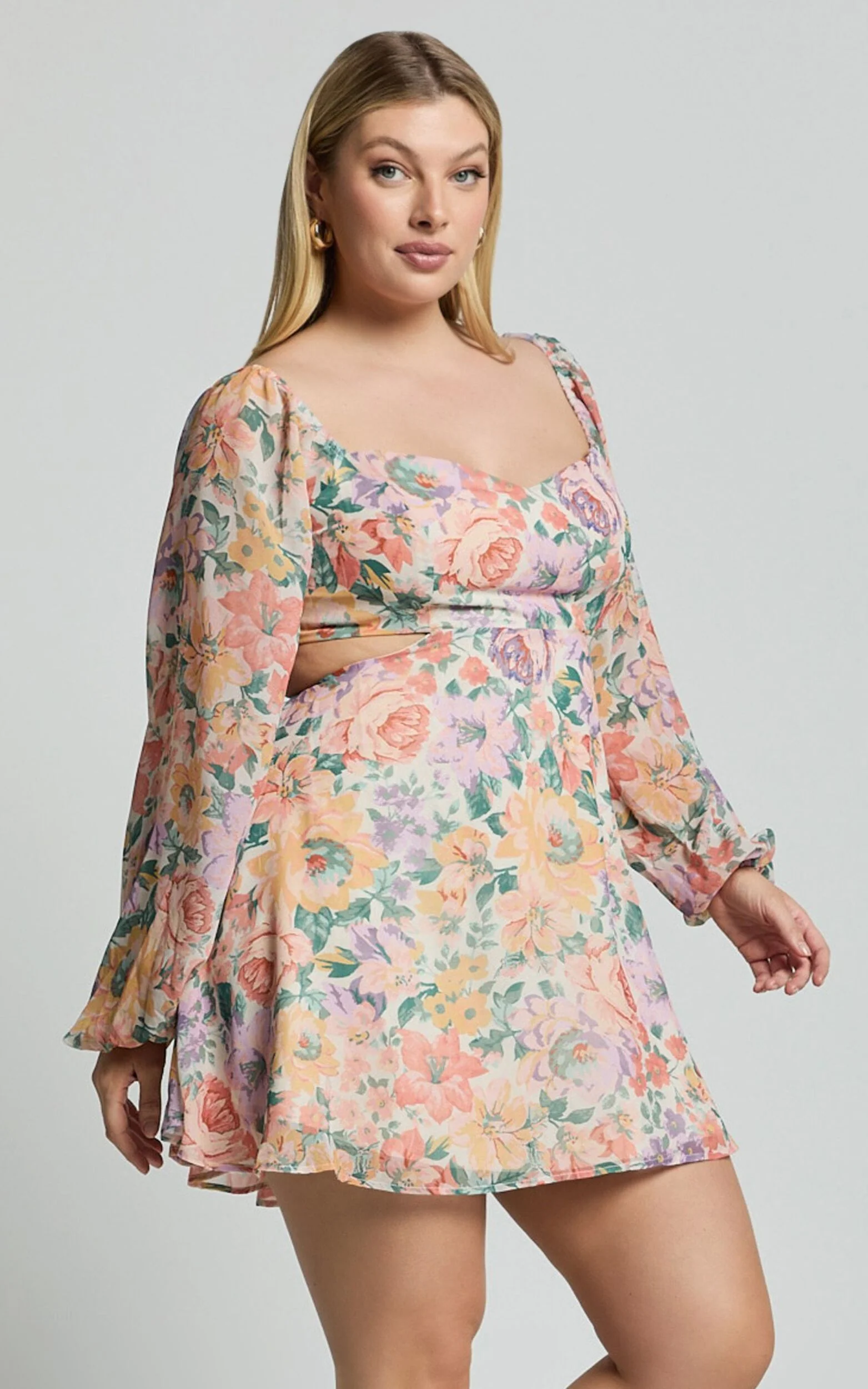 Ebonee Mini Dress - Puff Sleeve Cut Out Dress in Flower Crown