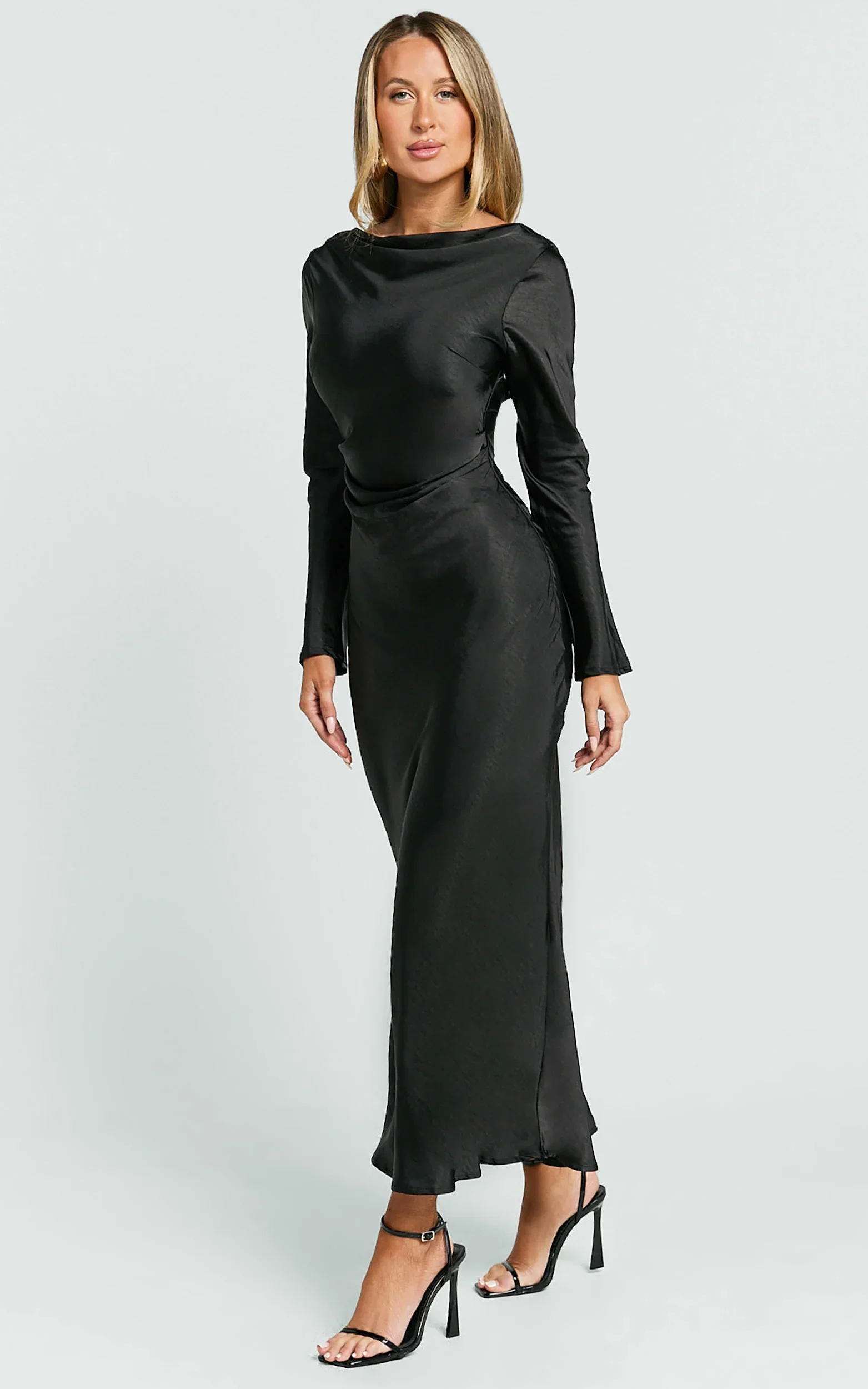Arriana Midi Dress - Long Sleeve Cowl Back Satin Dress in Black