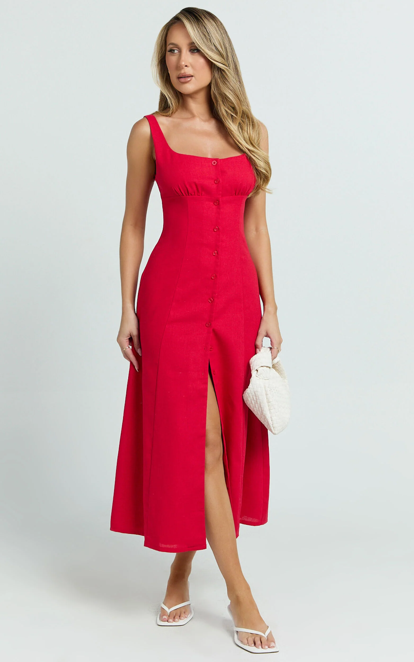 Cameron Midi Dress - Button Front Tie Back Dress in Red