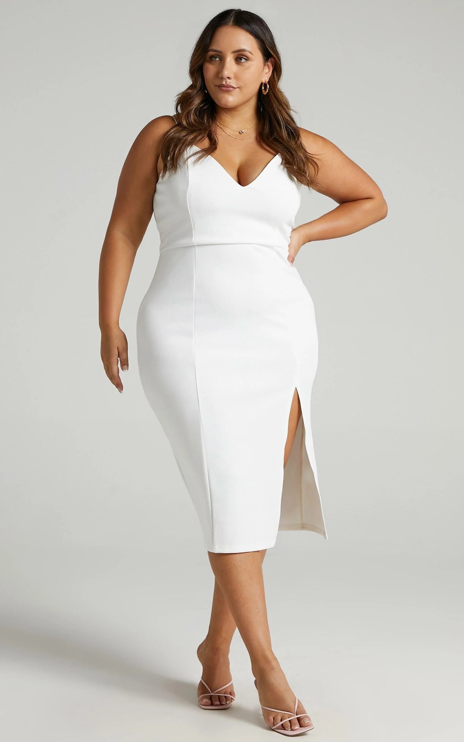 Big Ideas Midi Dress - V Neck Thigh Split Dress in White
