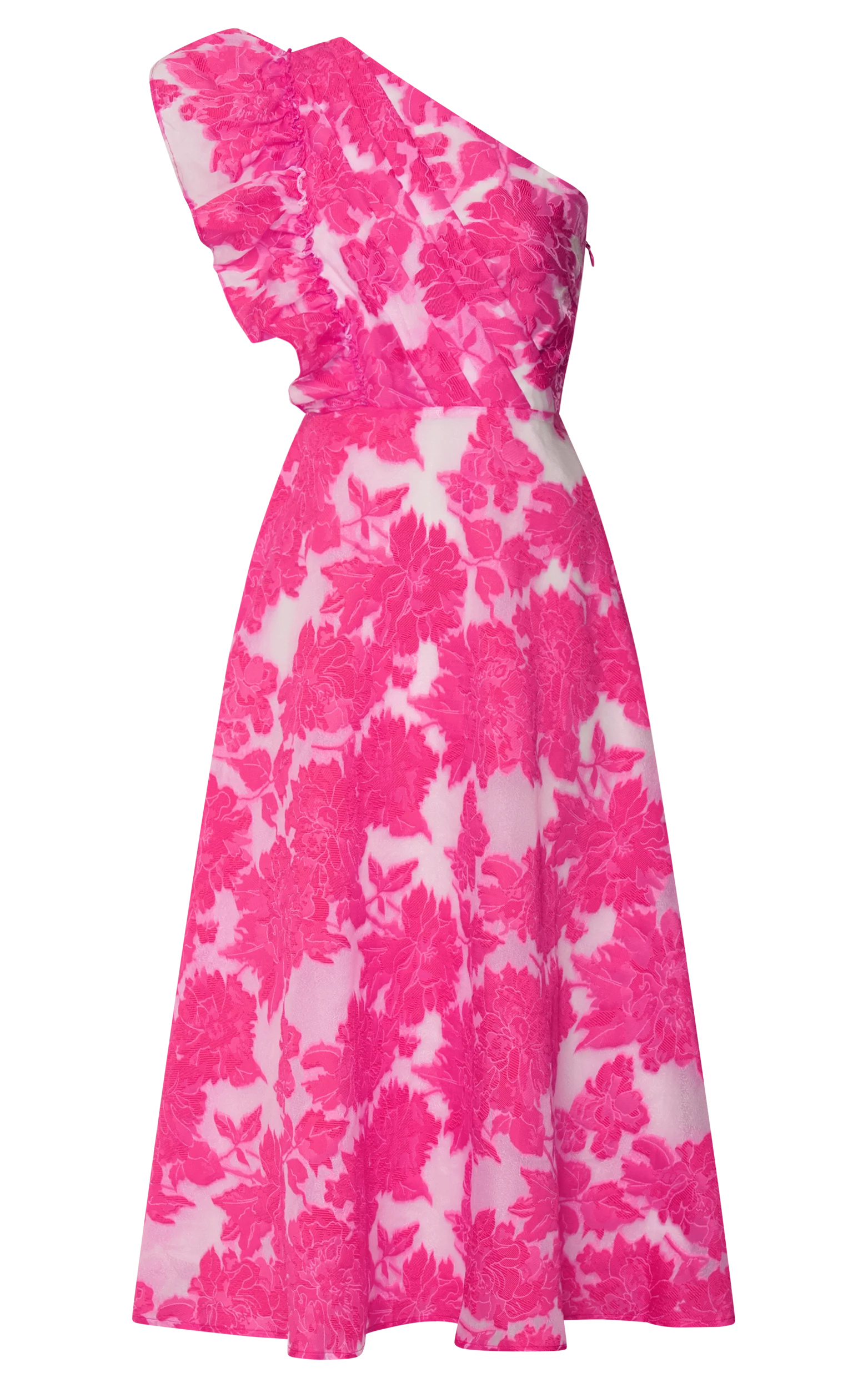 Alfreda Midi Dress - One Shoulder Ruffle Detail Brailey Jacquard Dress in Pink