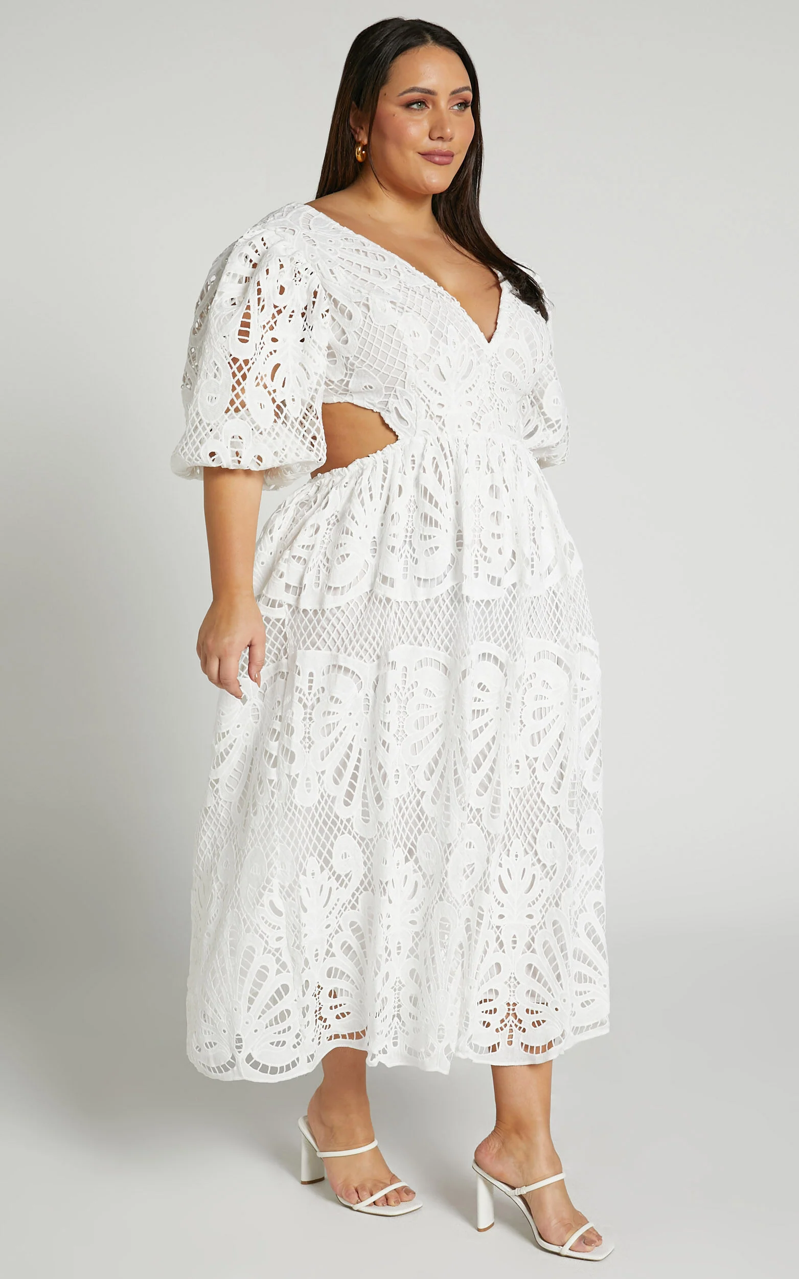 Anieshaya Midi Dress - V Neck Cut Out Lace Dress in White