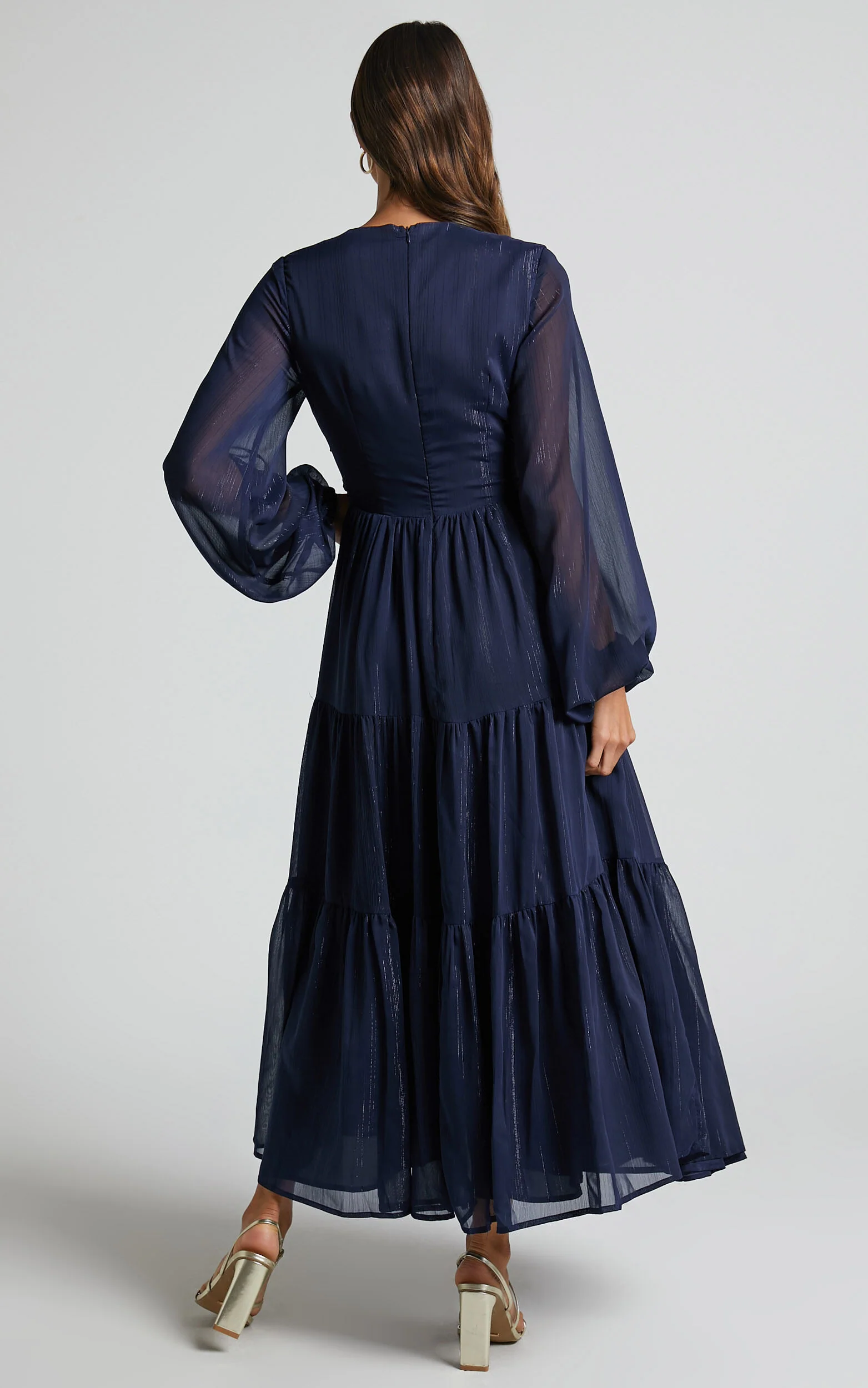 Edelyn Midi Dress - Cut Out Balloon Sleeve Tiered Dress in Navy