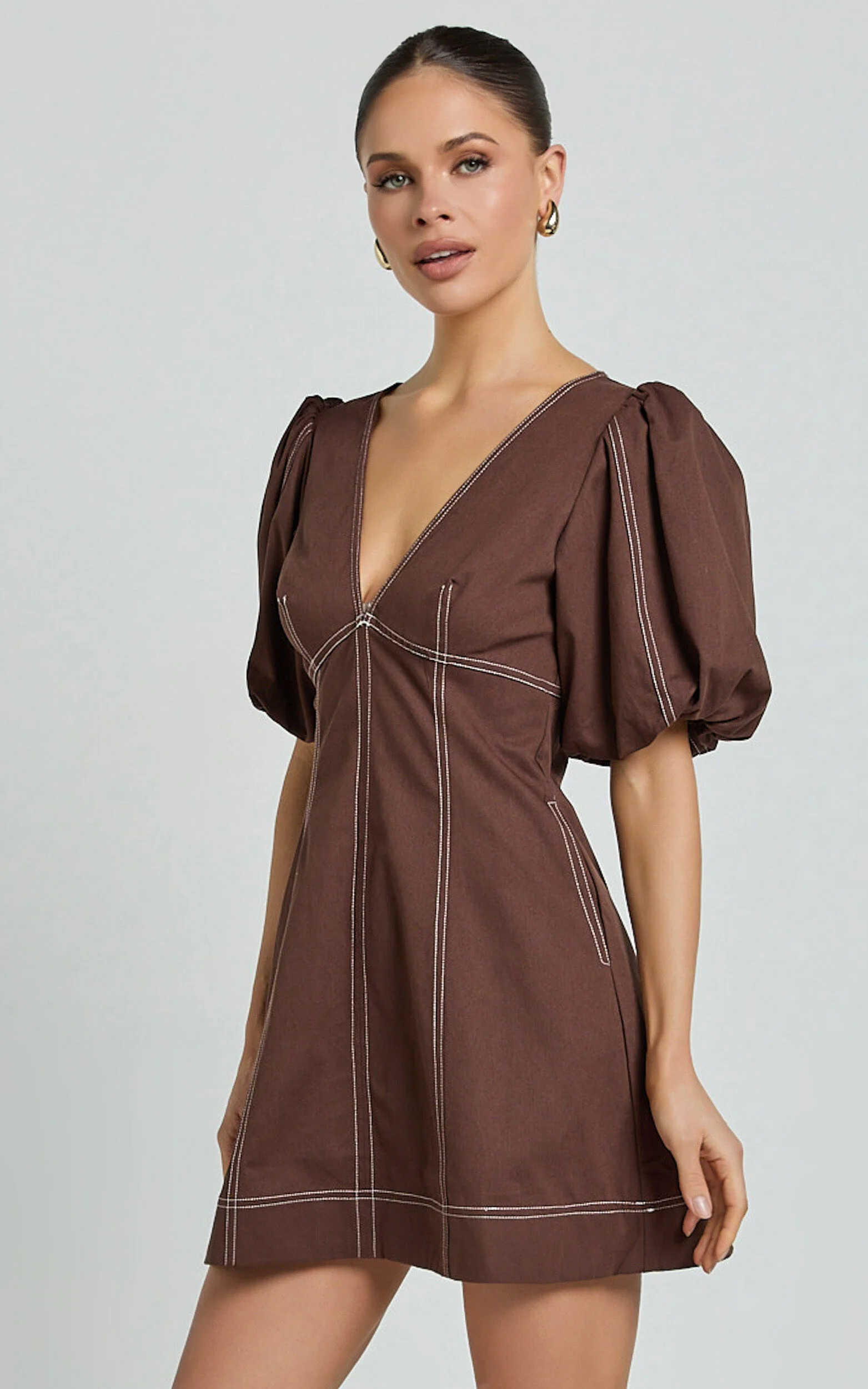Tallie Mini Dress - Linen Puff Sleeve A Line Dress in Chocolate