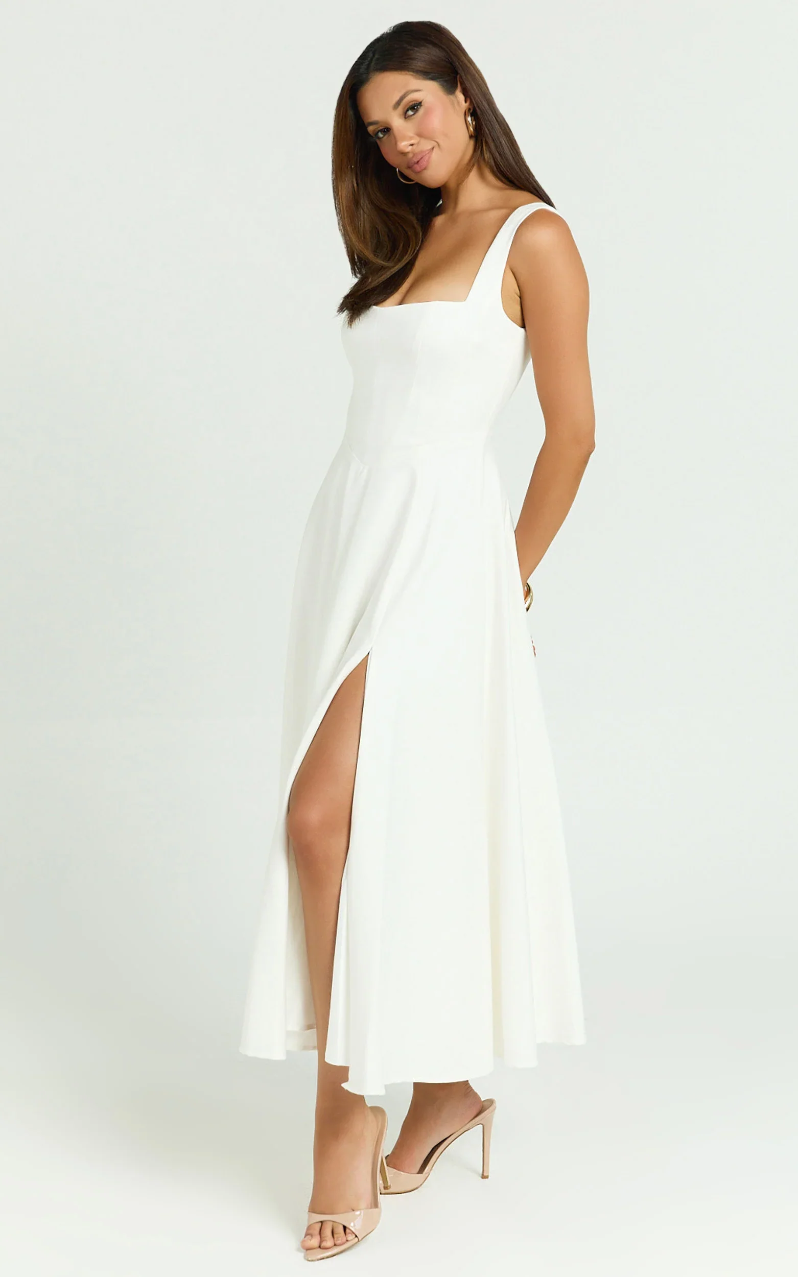 Bernie Midi Dress - Square Neck Strapped Full Circle Skirt Dress in White