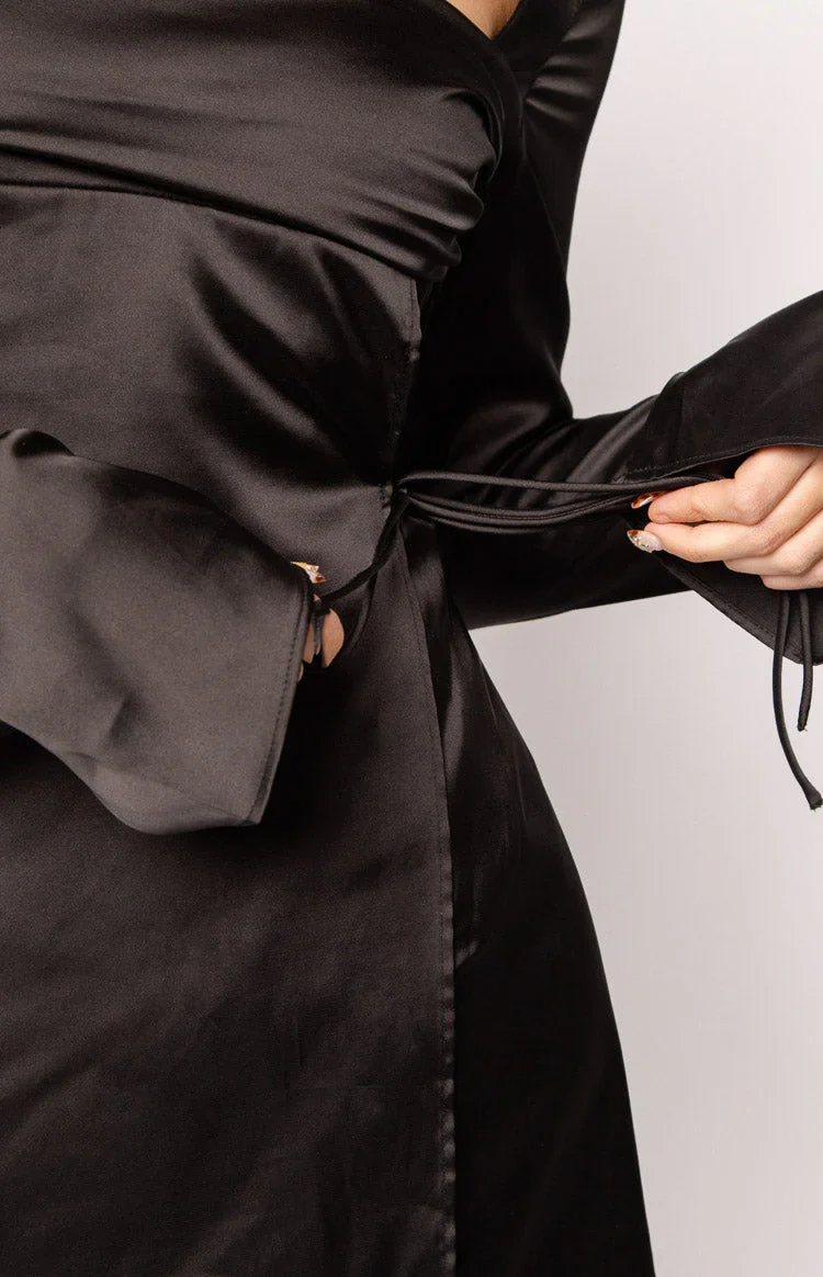Lucy Black Satin Long Sleeve Mini Dress