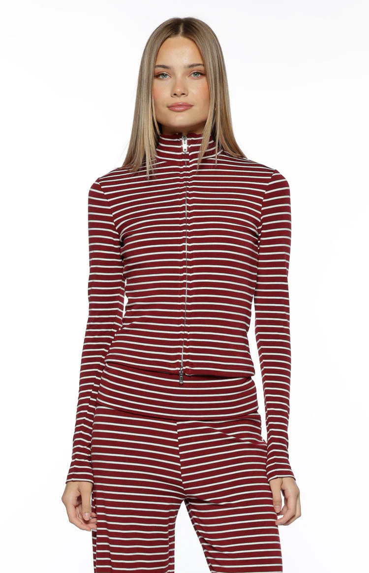 Poppi Burgundy Stripe Double Zip Sweater
