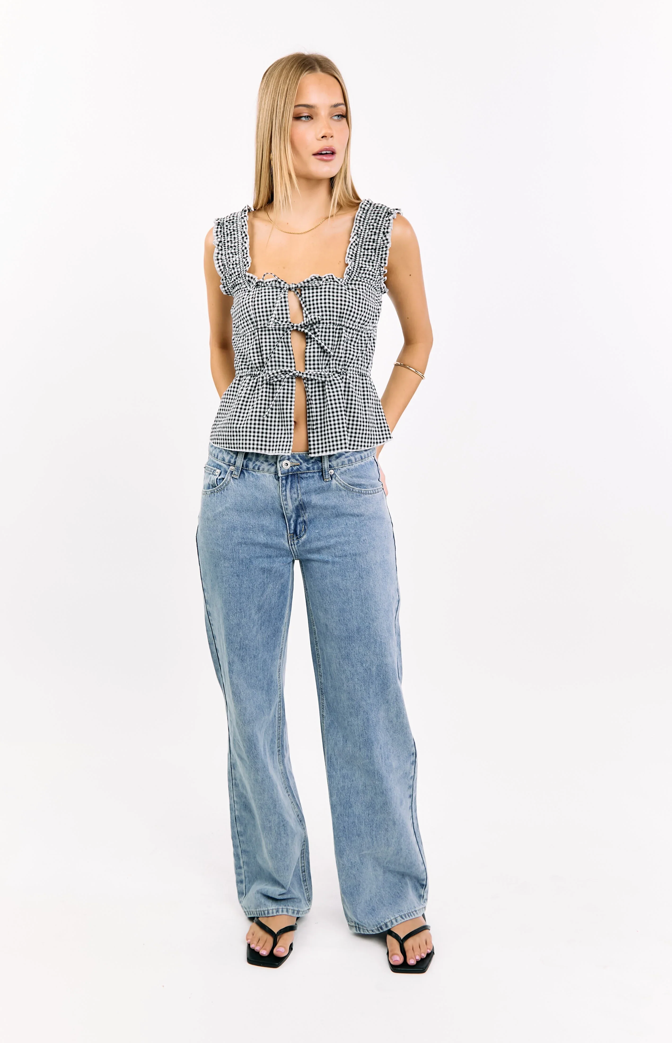 Neevie Black Gingham Tie Top