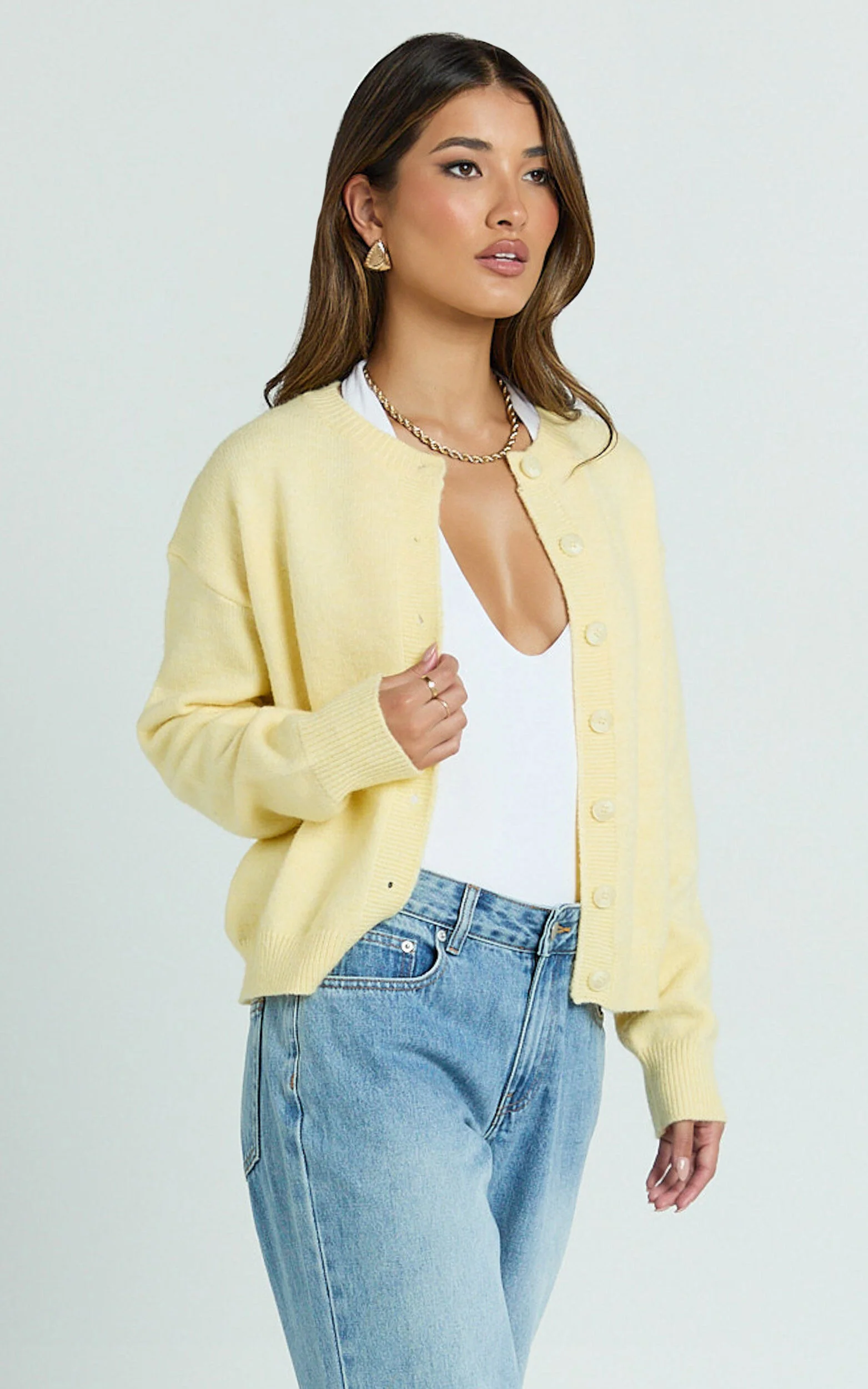 Lucille Cardigan - Button Through Scoop Neck Knit Cardigan in Lemon