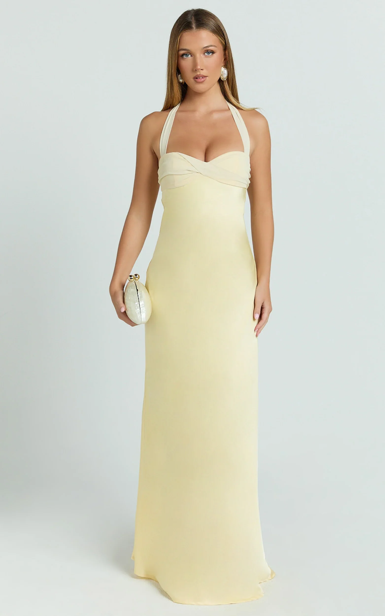 Flynn Maxi Dress - Satin Halter Sweetheart Neck Dress in Butter Yellow