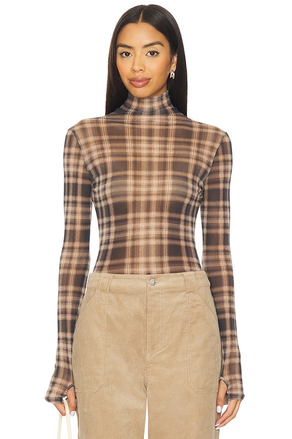 Plaid Mesh Long Sleeve Turtleneck Top