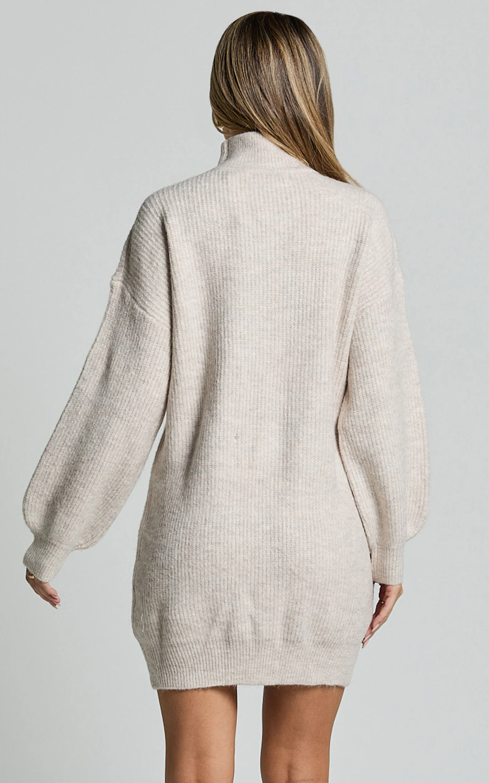 Tianna Mini Dress - Knitted Side Split Jumper Dress in Beige Marl