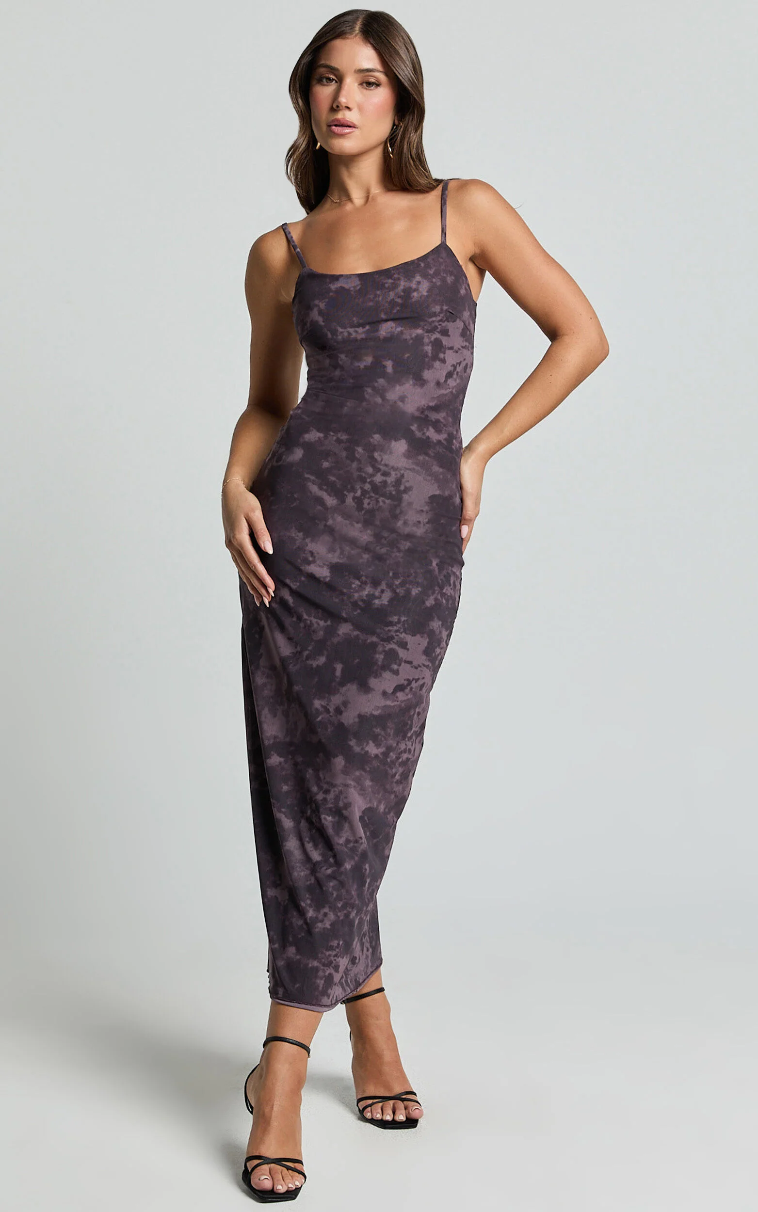 Teagan Midi Dress - Strappy Mesh Slip Dress in Plum