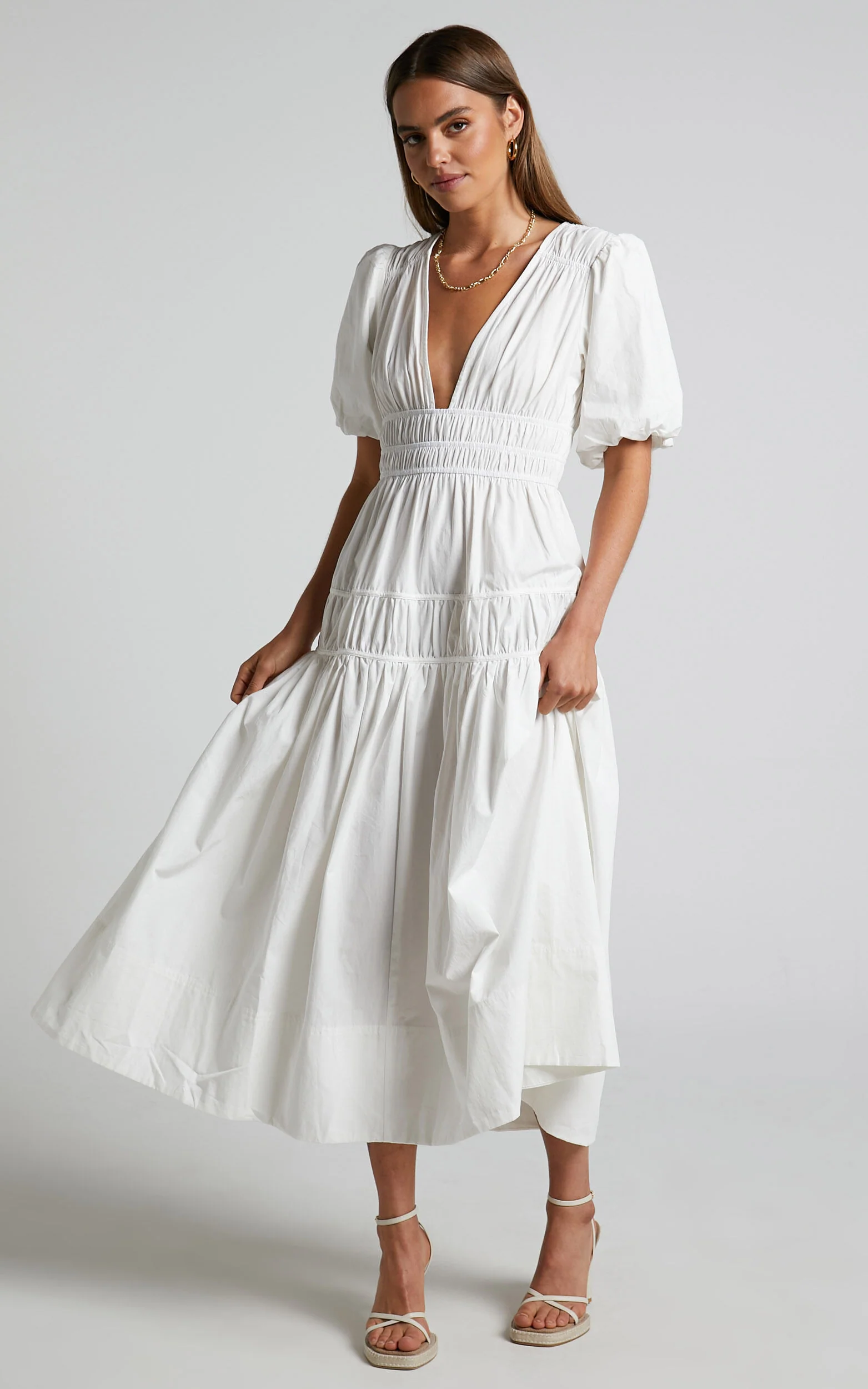 Mellie Midi Dress - Puff Sleeve Plunge Tiered Dress in White