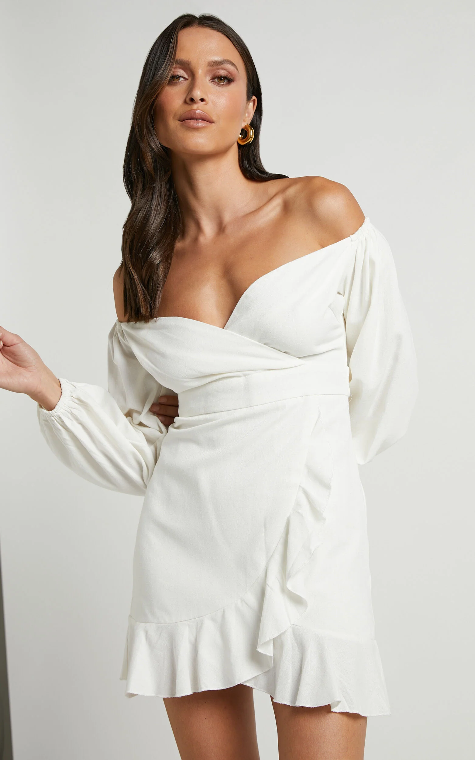 Cant Move On Off Shoulder Mini Linen Dress in White Linen Look