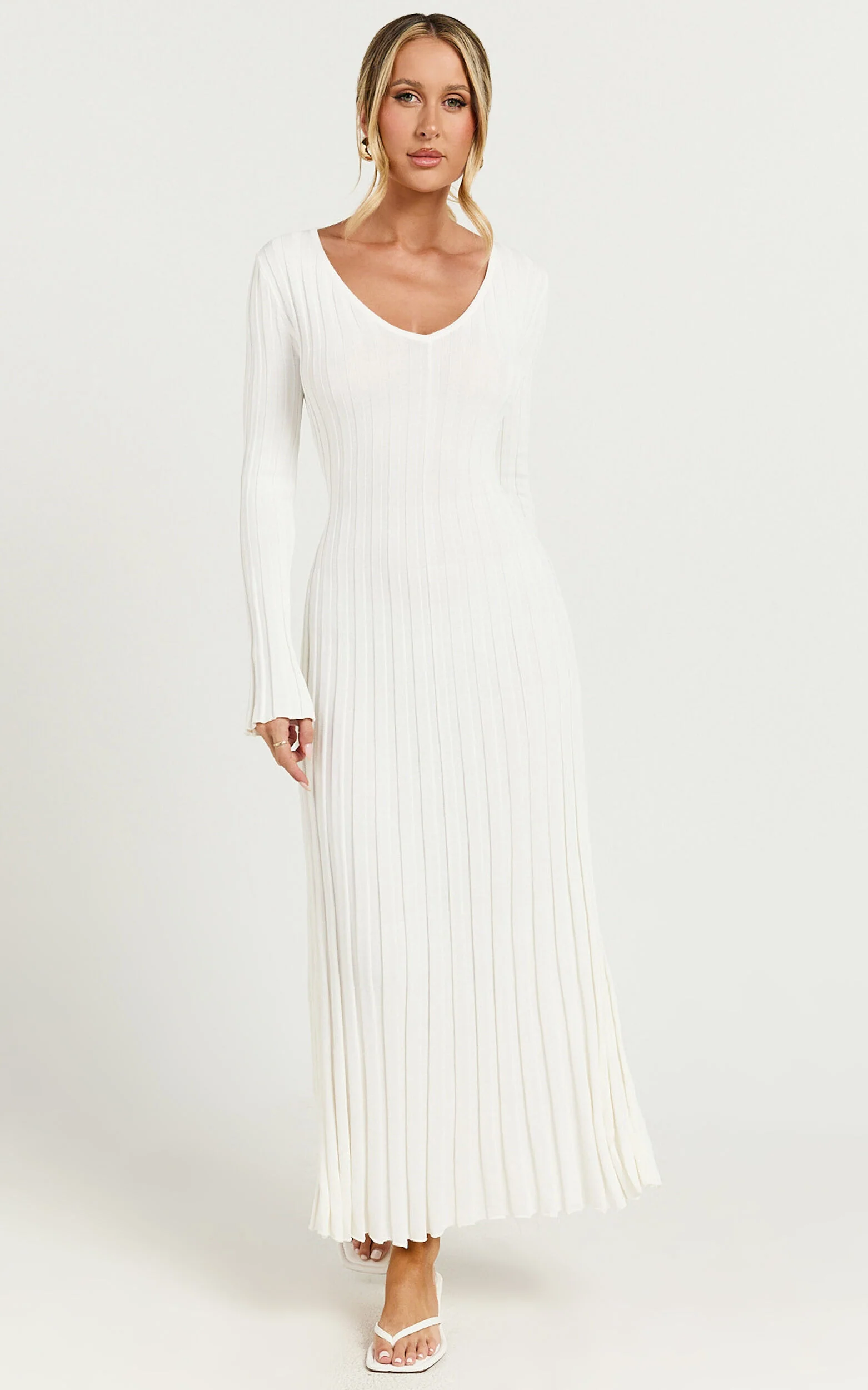 Astra Midi Dress - V Neck Long Sleeve Knit Dress in White